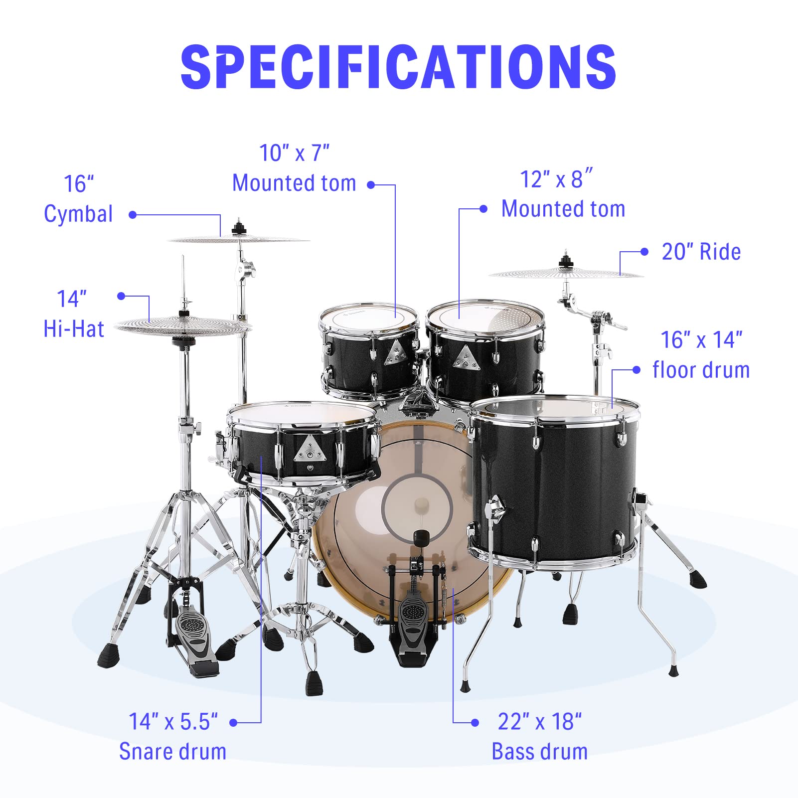 Donner Drum Set Adult 5-Piece with Practice Mute Pad, 22 inch Full-Size Acoustic Drum Kit Transparent Acrylic high-end, Red-DDS-1000p