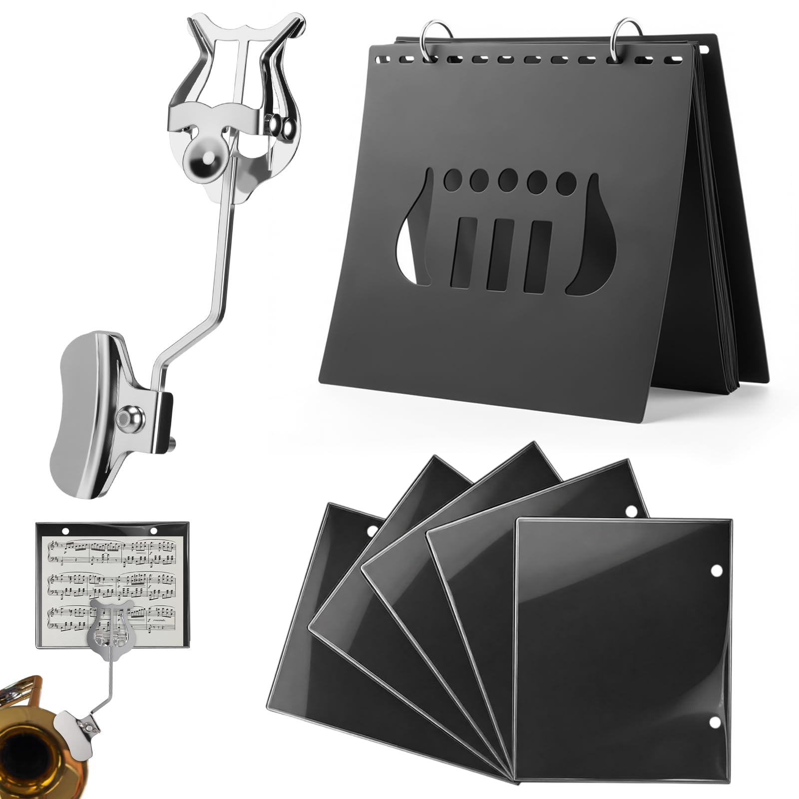 Otoolling 2 Pack Trombone Lyre Sheet Music Clip and Flip Folder with 10 windows and 2 holes Parade Band Sheet Music Stand 7.5 x 6 inches for Parades Practice and Performances