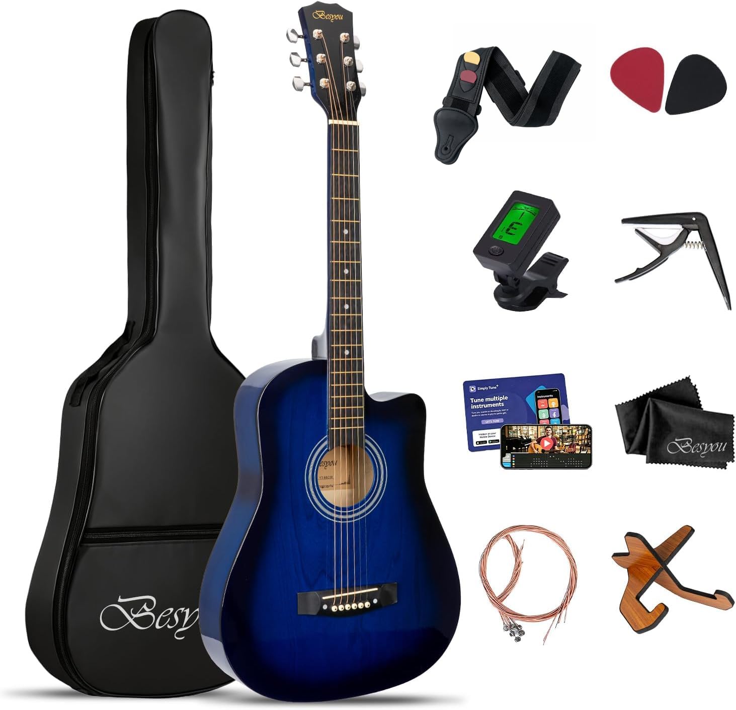 38 inch Blue Acoustic Guitar Beginner Kits 3/4 Cutaway Wood Acustica Guitarra for Beginners Adults with Online Lesson,Gig Bag,Picks,Steel Strings Strap with Picks Holder
