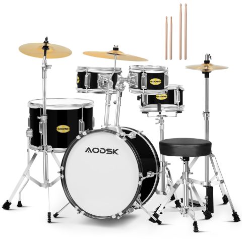 AODSK 5 drums & 3 cymbals 14 Inch Drum Set, Complete Kit w/Throne & Sticks