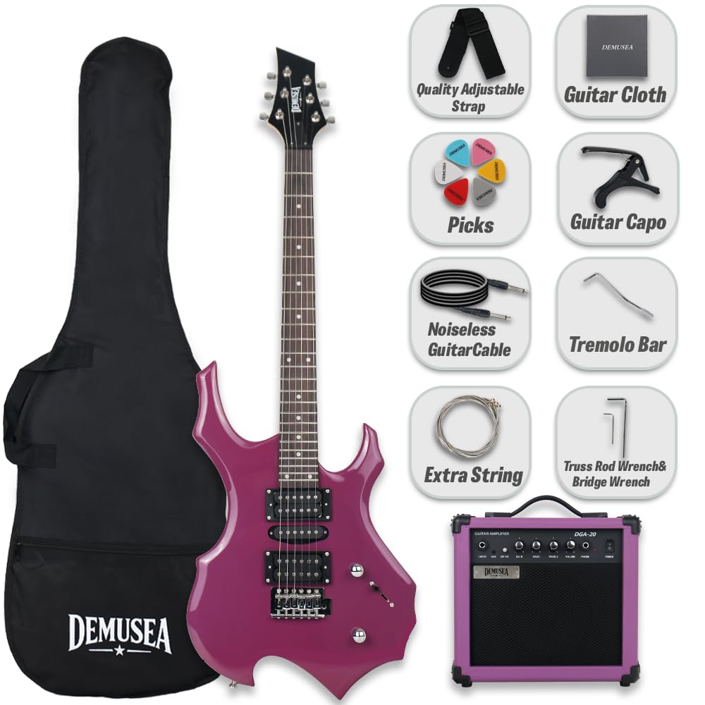 Demusea Purple Color Unique Cool Shape Electric Guitar Beginner Kit With Non-Rechargeable 20W Amp HSH Pickup 24Fret 25.5 Inch Scale Length 1V 1T 5Ways Toggle Solid Body Maple Neck Full Accessories In