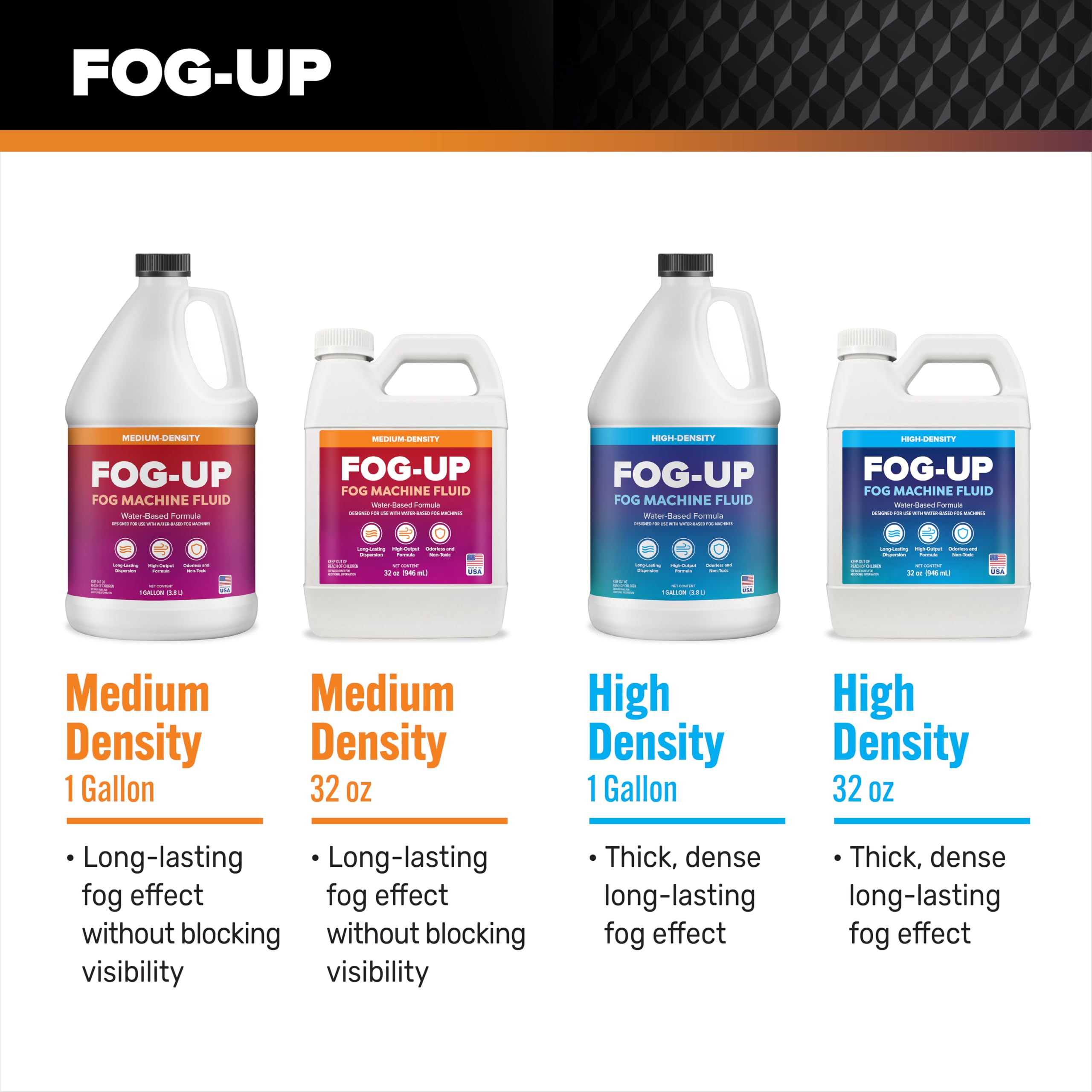 FogUp Medium Density Fog Juice – Extremely Long Lasting, High Output Non-Irritating Indoor/Outdoor Odorless Water-Based Fog Machine Fluid – (2 Pack) 1 Gallon, 128 fl oz for All Standard Fog Machines