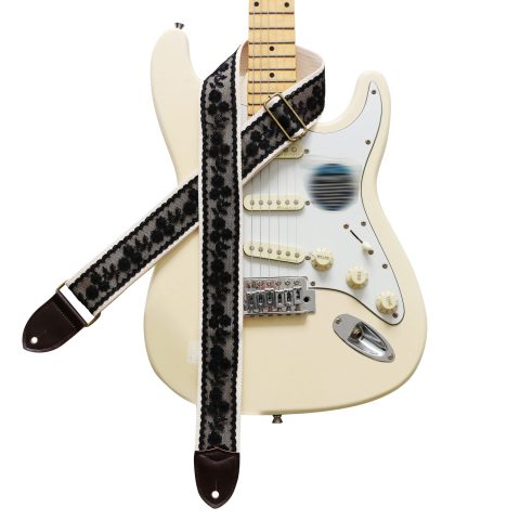 MUSIC FIRST Original Design, 2 inch width (5cm), Black Cool & Vintage Black Lace Soft Lace & Genuine Leather Delux Electric Guitar Strap Bass Strap (Black Lace)