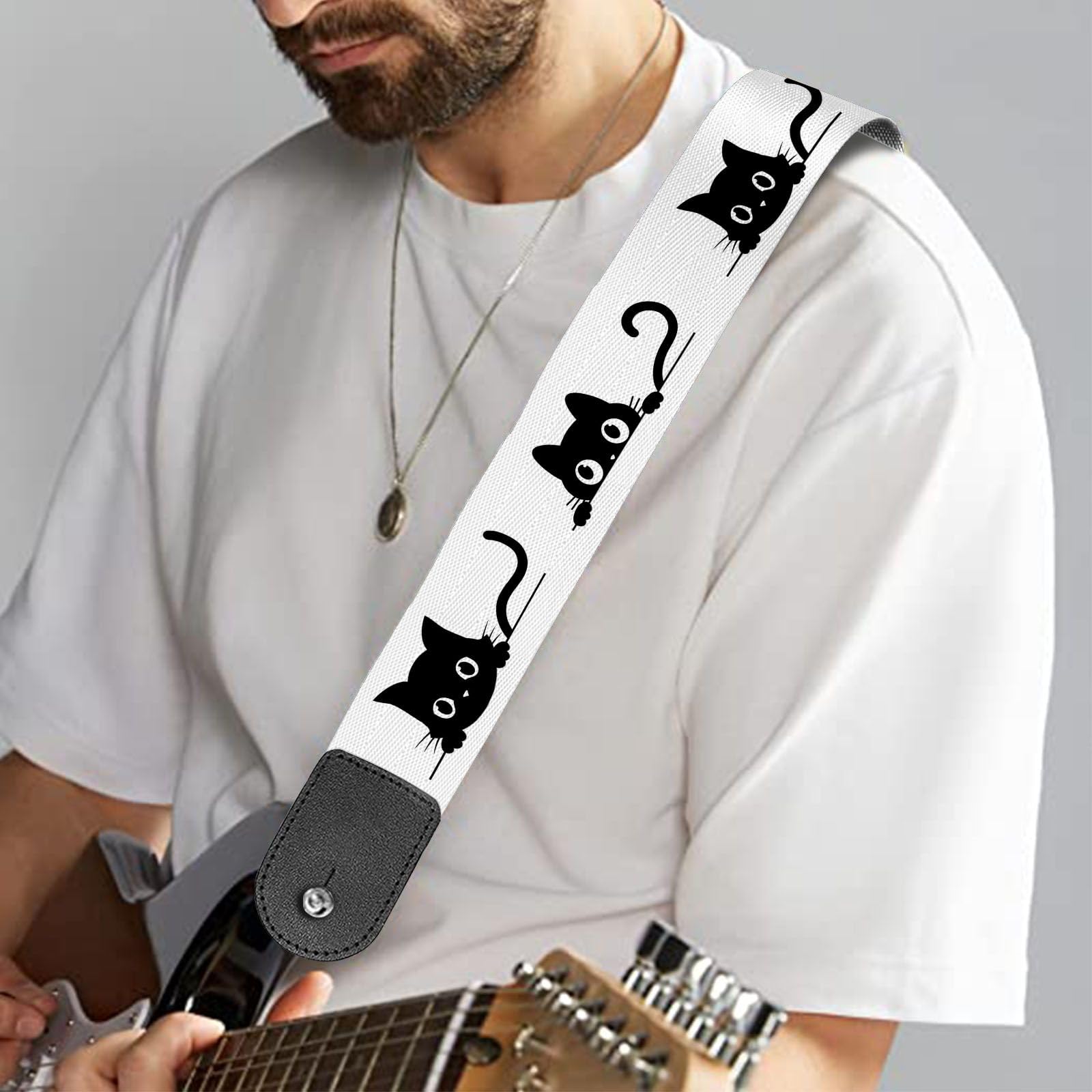 HSIAHOU Guitar Strap Electric Guitar Straps Personalized Rainbow Strap with Funny Cat Design, Polyester Cotton Material, Adjustable 90cm-155cm, One Size