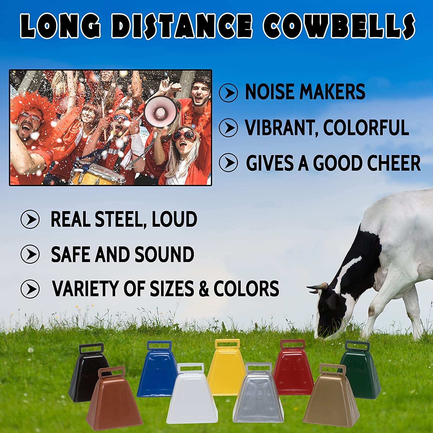 Bevin Bells Long Distance Cow Bells 10LD (Yellow & Yellow) | Christmas Bells | Made from Steel | Loud Noise Makers | w/White Strap Around The Handle | Easier to Hold | Made in CT, USA