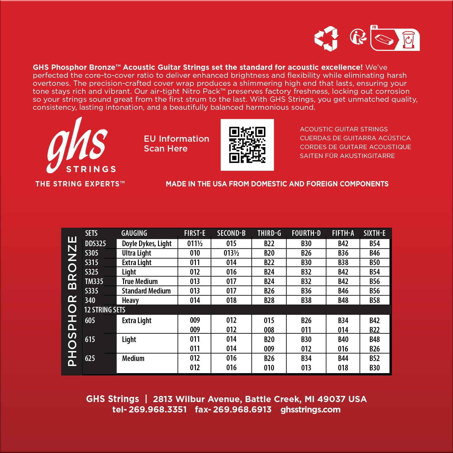 GHS Strings – Phosphor Bronze Acoustic Guitar Strings – Extra Light Gauge 11-50 (S315) – Warm, Rich Tone with Balanced Sound & High-End Clarity – Long-Lasting Acoustic Strings – 3 Pack