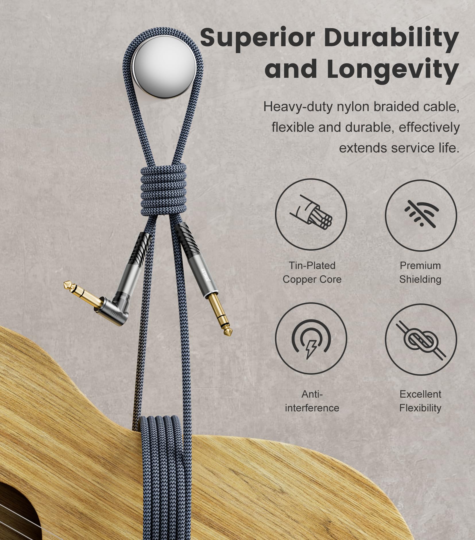 JOMLEY 1/4 Inch TRS Instrument Cable, Right Angle to Straight, 20FT 2-Pack