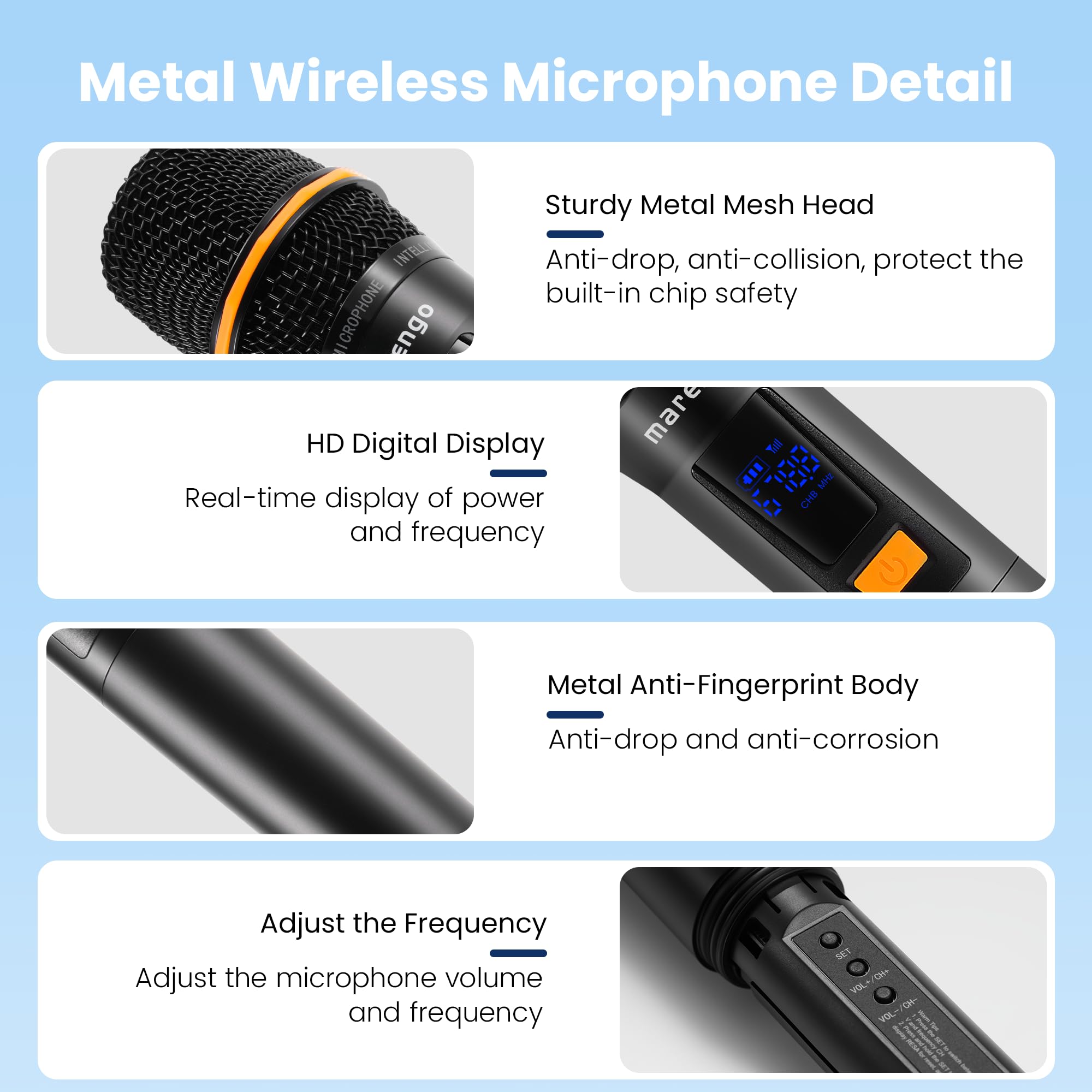 Wireless Microphones, All-Metal Dual UHF Mics, 40H Battery, 260FT Max Range