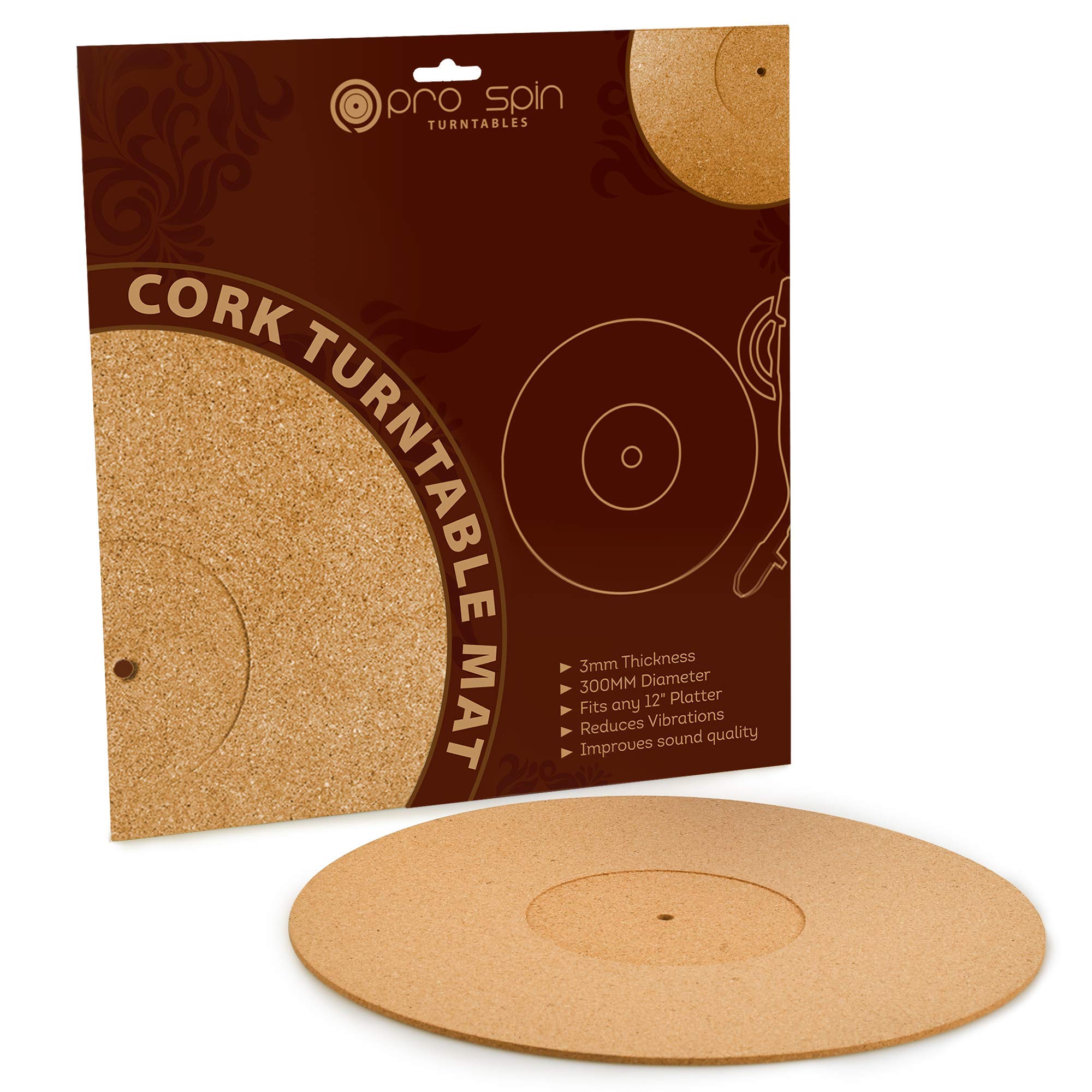 Cork and Rubber Turntable Mat by PRO SPIN for Vinyl LP Record Players (3mm) | Cork Turntable Mat with High-Fidelity Audiophile Acoustic Sound Support | Record Player Mat Helps Reduce Static and Dust