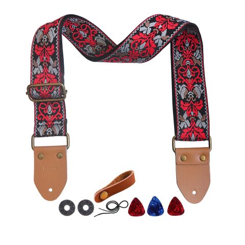 Farcaya Guitar Strap Embroidered Weave Flower Adjustable Shoulder Strap with 2Strap Lock Button 3Picks Headstock Strap Tie for Acoustic Electric Bass(Red+Grey)