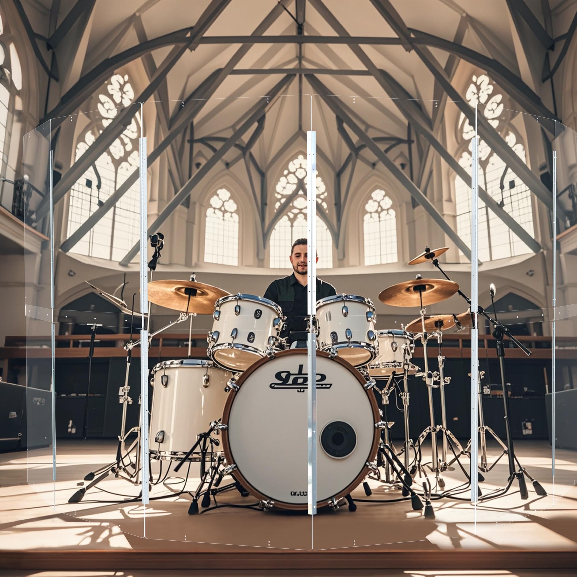 Portable Drum Shield | 6 Panels 2ft x 5ft | Factory-Installed Full-Length Stainless Steel Hinges | Acrylic Drum Sound Barrier | Cage for Church (6 Panels)