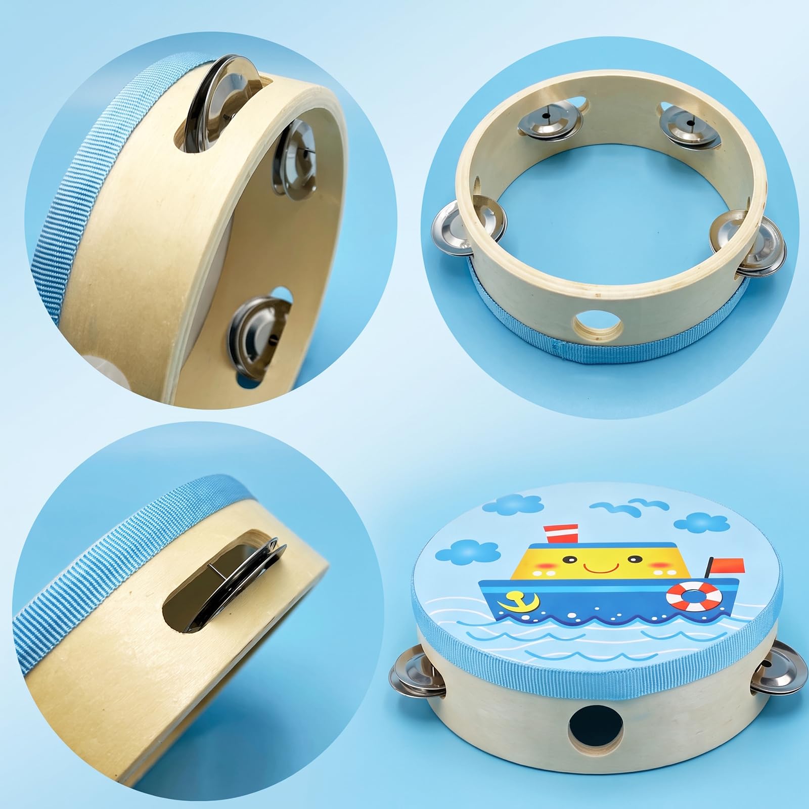 6 Inch Tambourines Musical Instrument, Wooden Hand Held Tambourine Drum with Metal Jingles, Hand Bell Drum Percussion Gift Musical Educational Tambourines for School, Party, KTV, Church(Boat)