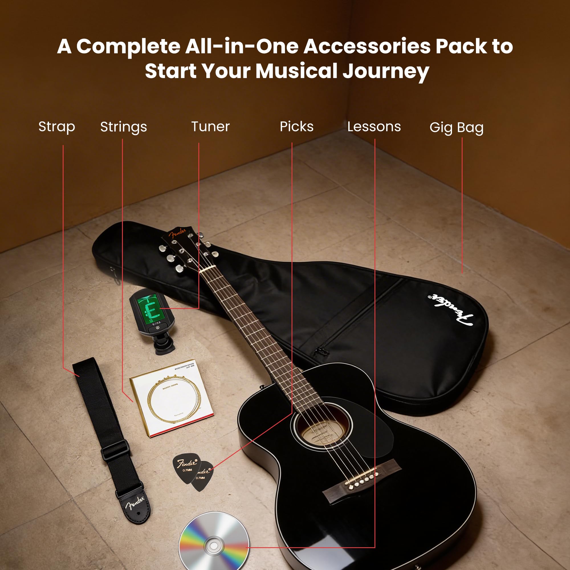 Fender CC-60S Concert Acoustic Guitar – Natural Bundle with Gig Bag, Tuner, Strap, Strings, Picks, Austin Bazaar Instructional DVD, and Polishing Cloth
