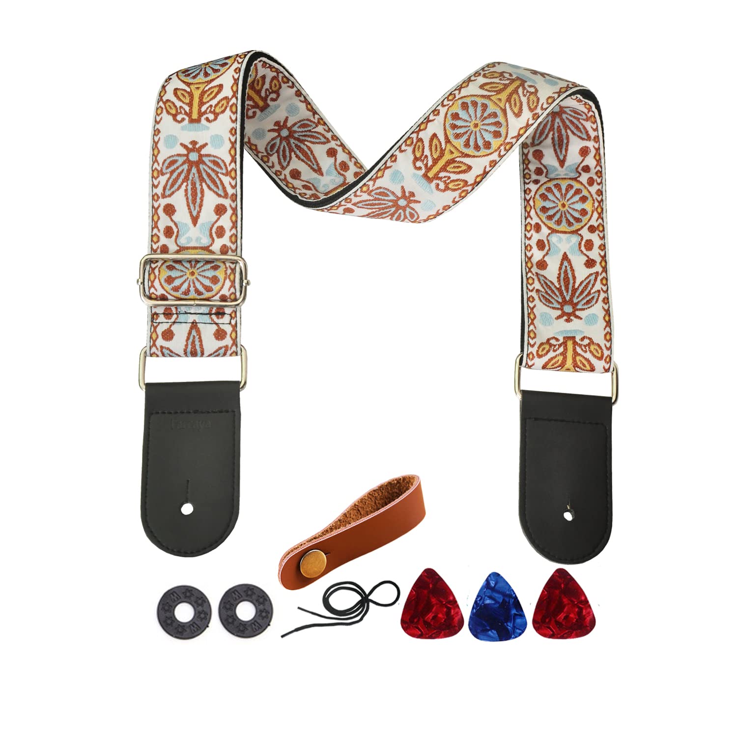 Farcaya Guitar Strap Acoustic Electric Bass Guitar Strap Jacquard Weave Cotton Adjustable Guitar Shoulder Strap with 2Strap Locks + 3Picks+ Headstock Strap Button (Brown Orange)