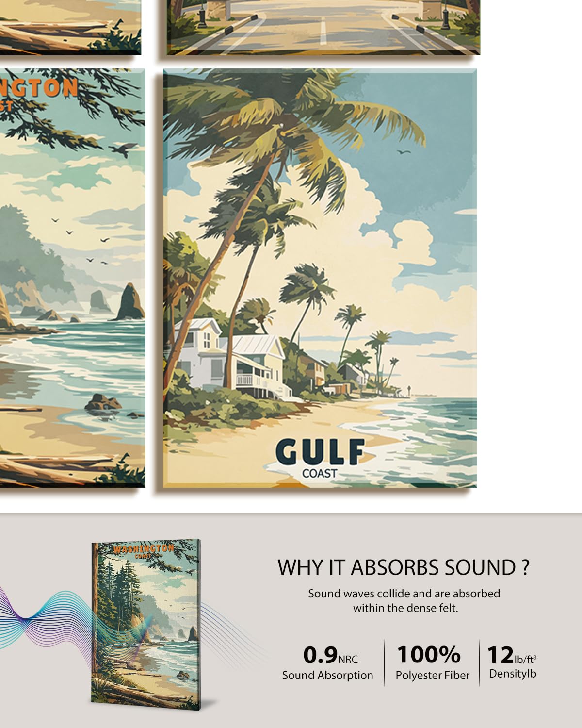 InSimSea Acoustic Art Wall Panels for Living Room, Laundry, Podcast, Game Room, 48x32in, Vintage US Coast Travel Sound Absorbing Wall Art, Cottage Poster Style, Soundproof, Noise Reduction, 8pcs