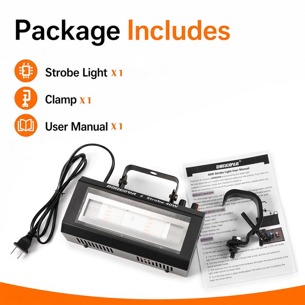BORGOVA 40W LED Strobe Light, Portable RGB LED Stage Flashing Light