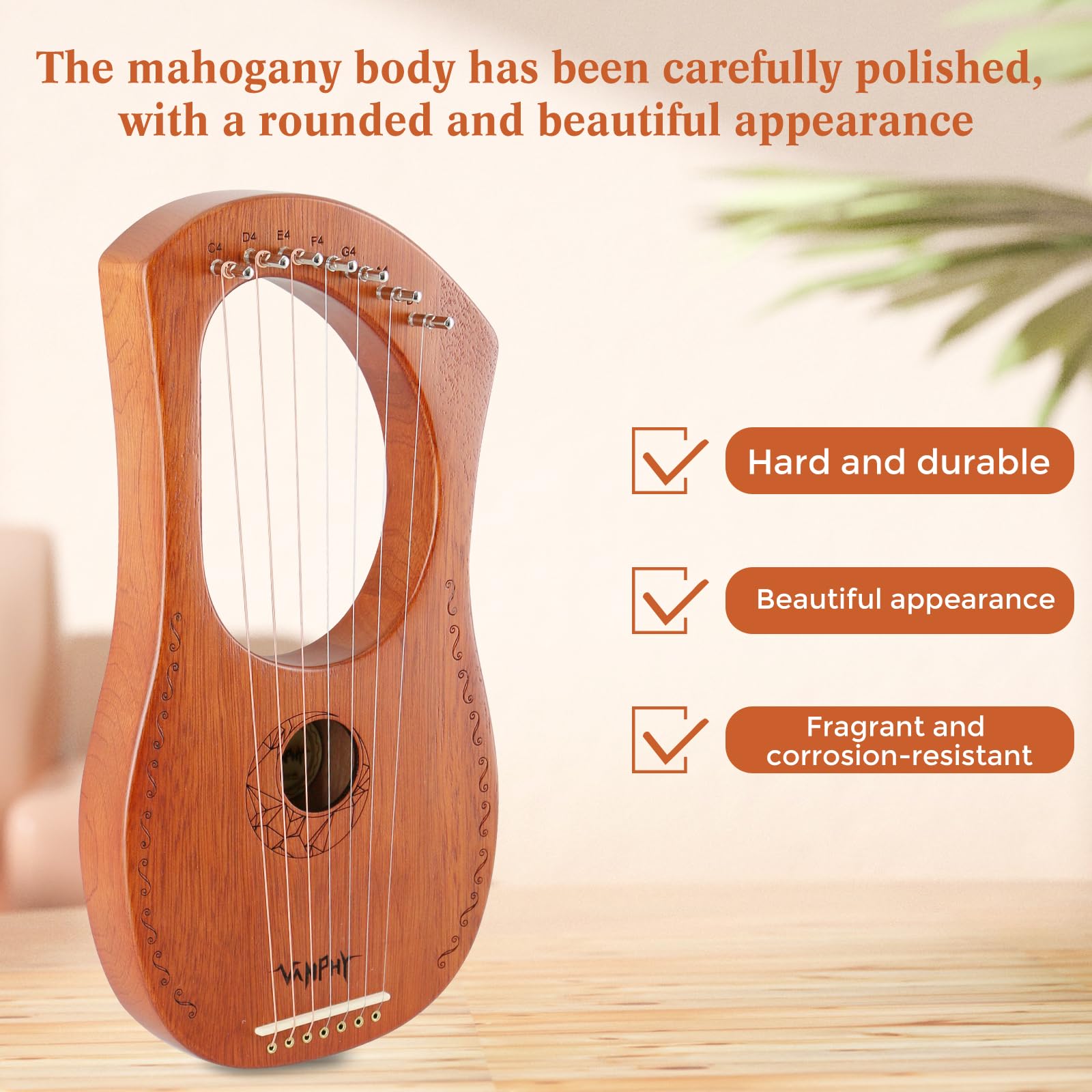 Lyre Harp VANPHY Lyre Harp 7 Strings Mahogany Body Metal String for Beginner Harps Classical Style Harp Instrument with Tuning Wrench Strings Gig Bag (Wood)
