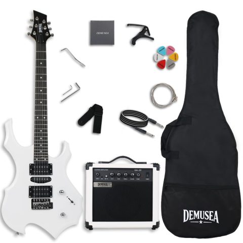 Demusea Full Size Fire Flame White Electric Guitar Kit With 20W Amp HSH Pickup 24F Single tremolo 1V 1T 5 Ways Toggle Solid Popular Body Maple Neck Bag Strap Noiseless Cable Capo String Picks As Free