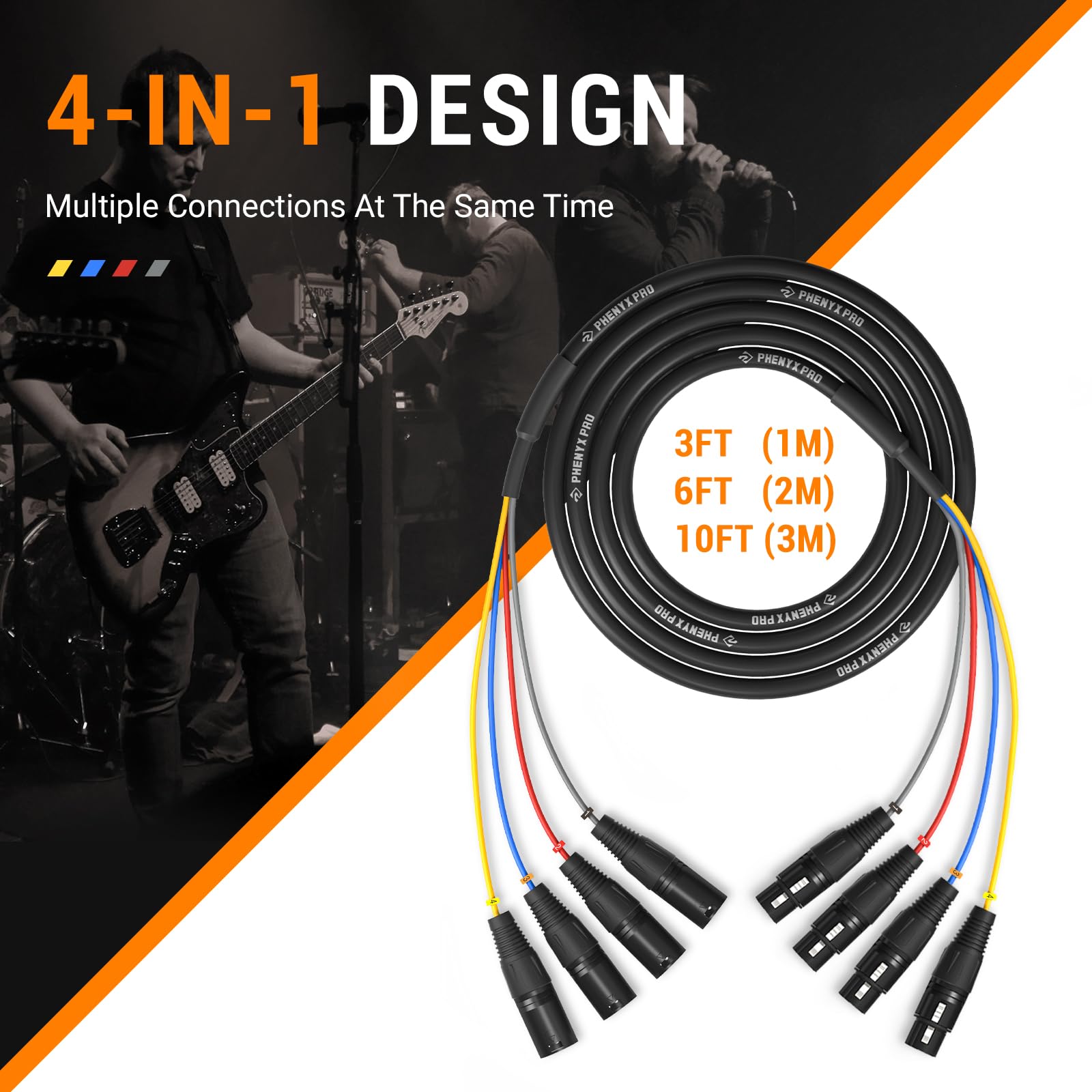 Phenyx Pro 4-Channel 3 ft XLR Microphone Snake Cable PCBL-4IN1-3-V2