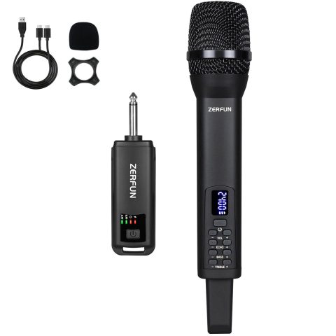 ZERFUN Rechargeable Wireless Microphone, Pro Handheld Cordless Mics System Dynamic with Echo Treble BASS VOL Control for Karaoke Singing Church Party, 1/4” Output, D240, Black