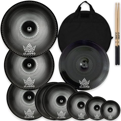 ULUOBO Low Volume Cymbal Pack, Silent Cymbals, Quiet Cymbals Set for Drummer Practice, 6/8/10”Spalsh+14”Hihat+16″Crash+18”Crash+18”China+20″Ride, 9 Pieces, Black