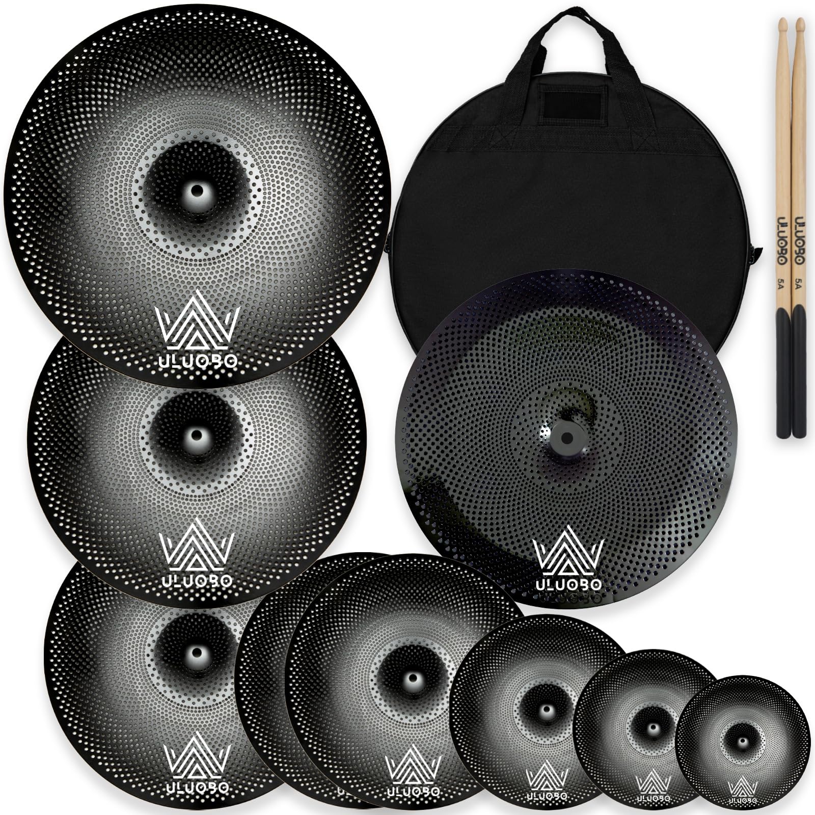 ULUOBO Low Volume Cymbal Pack, Silent Cymbals, Quiet Cymbals Set for Drummer Practice, 6/8/10”Spalsh+14”Hihat+16″Crash+18”Crash+18”China+20″Ride, 9 Pieces, Black