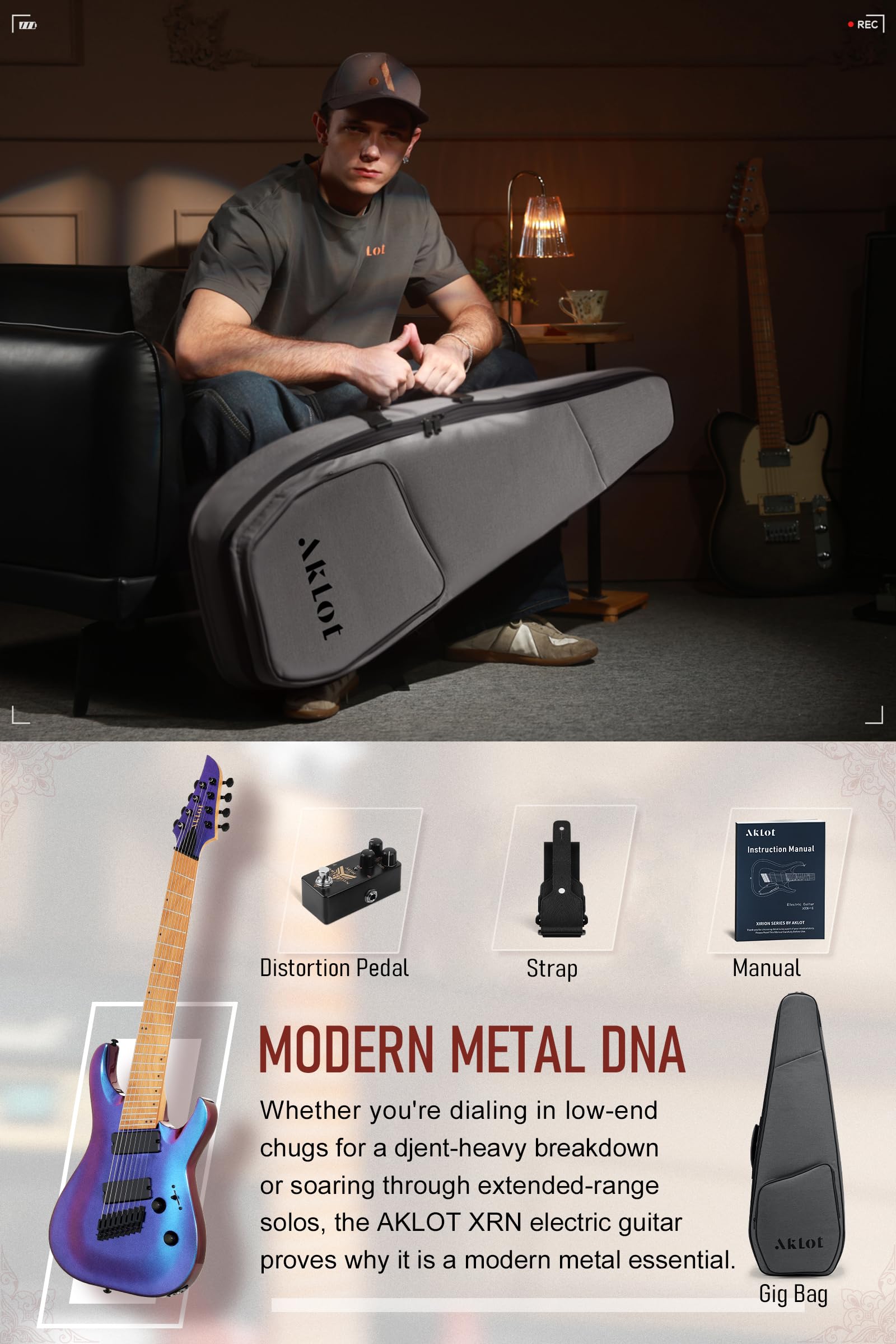AKLOT Multi-Scale 7-String Electric Guitar: Roasted Maple Neck with String-Through Bridge Electric Guitars Kit with Okoume Body, HH Pickup, Gig Bag, Strap, Distortion Pedal, XRN-7 Yellow