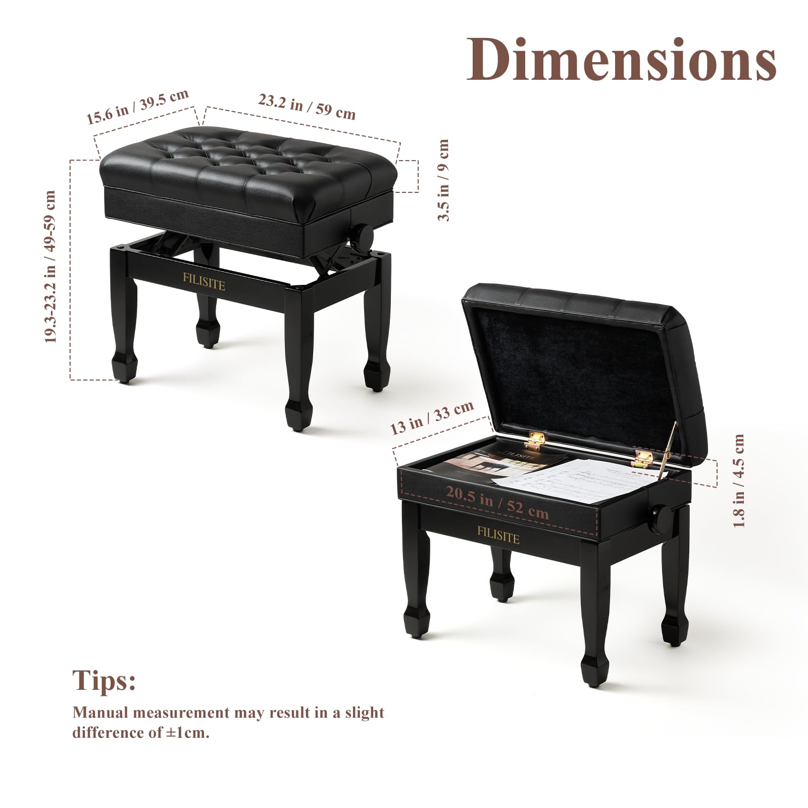 FILISITE Adjustable Height Piano Bench with Storage, Heavy Duty Solid Wood Piano Stool Keyboard Bench with PU Leather Padded Cushion(Black)