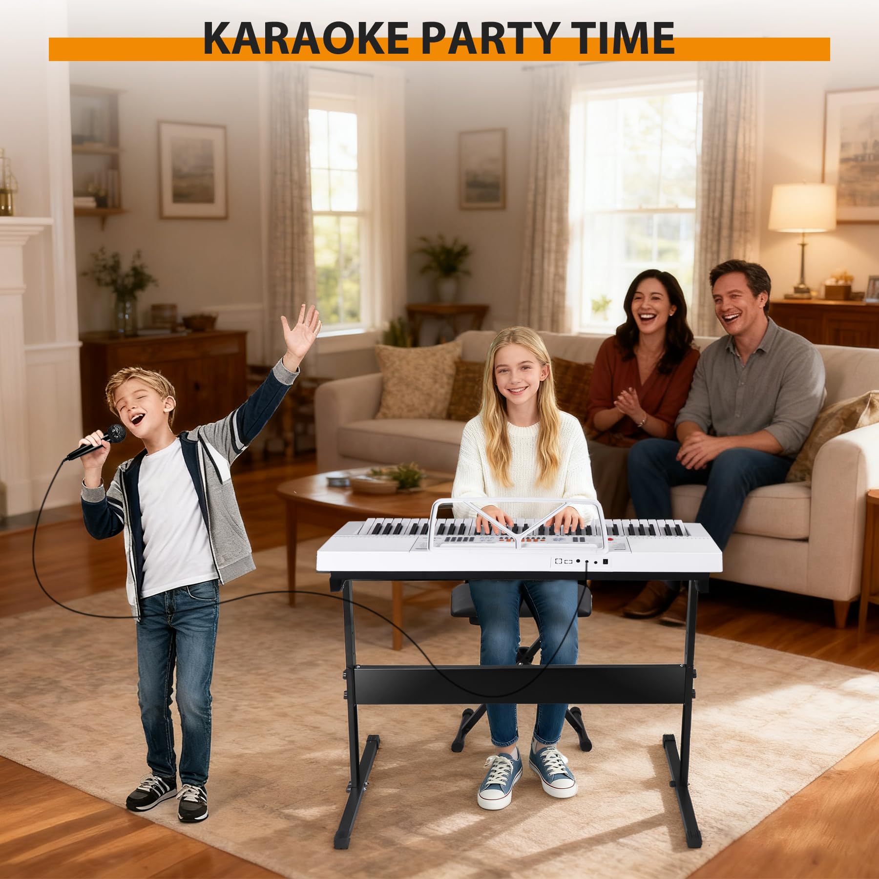 Smartxchoices 61-Key Electronic Keyboard Piano Stand Portable LED Display Keyboard Kit with Adjustable Stand, Adjustable Stool, Headphones, Microphone & Music Rest, White