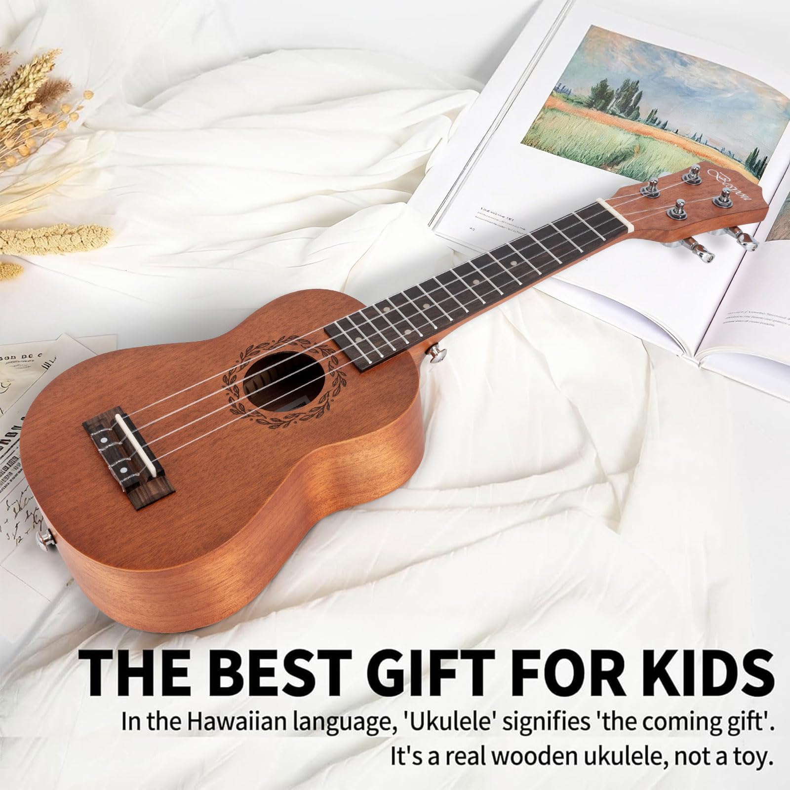 Besyou 21 Inches Beginner Ukulele Kids Travel Student Uku Wooden Soprano Mahogany Ukelele Kits with Tuner Gig Bag Strap Carbon Nylon String Picks Cloth Gift Choice (Ma)