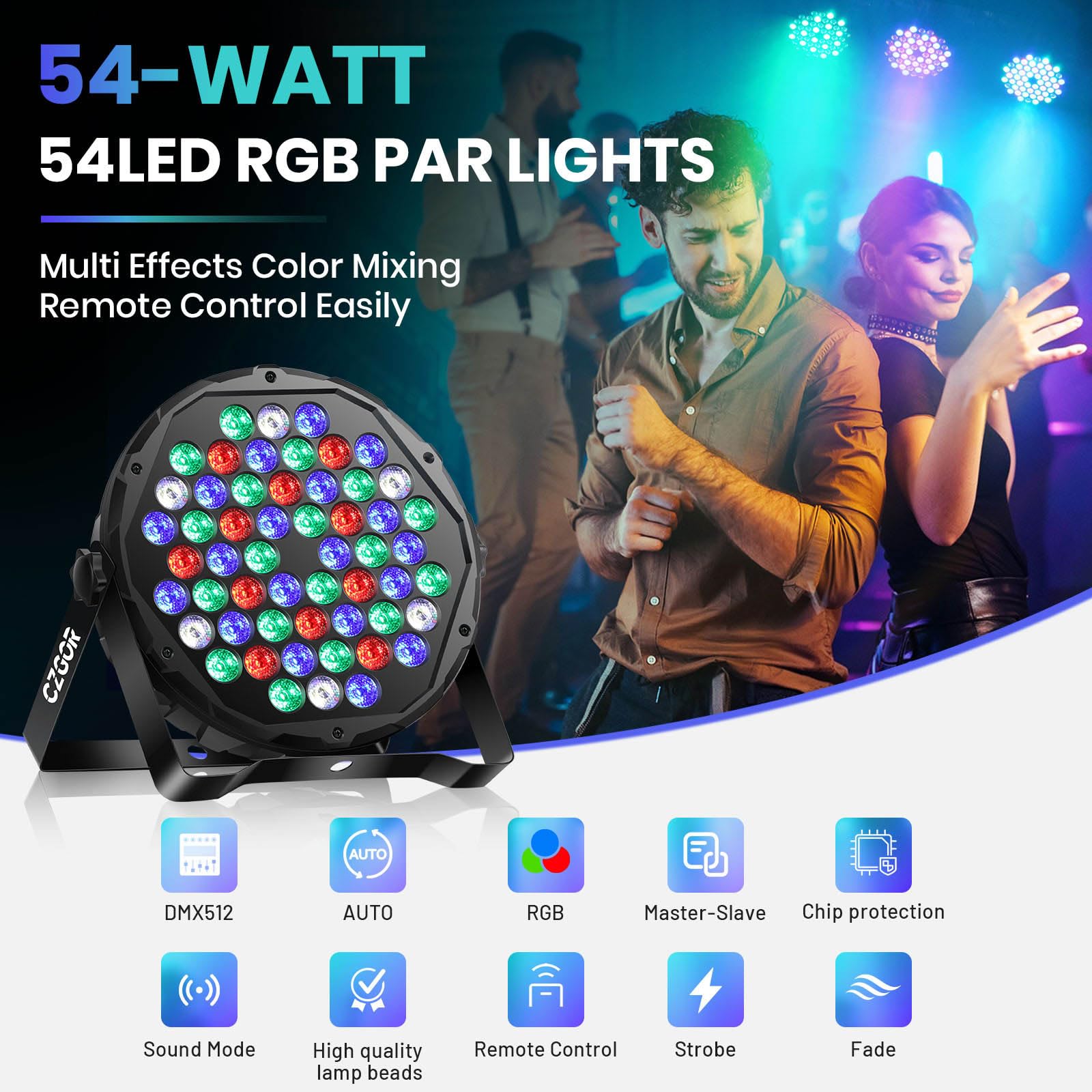 54 LED Stage Lights for Parties, 54W RGBW Par Light with Remote & DMX Mode