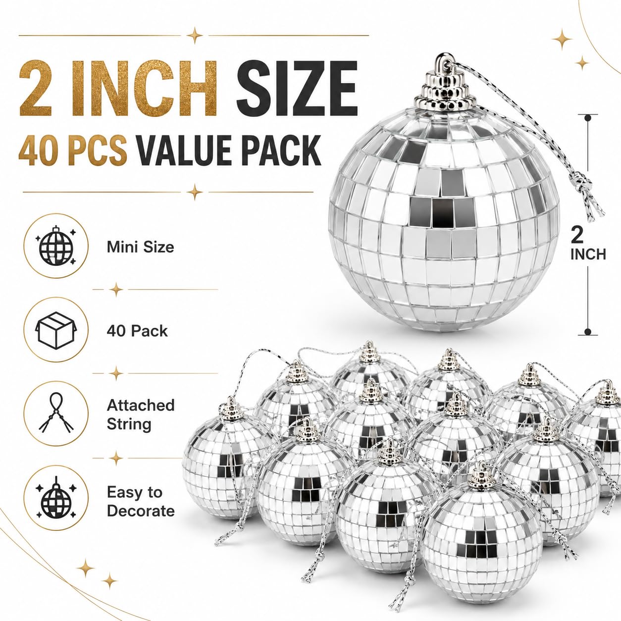 Youdepot 40-Pack 2-Inch Silver Mirror Disco Ball Ornaments