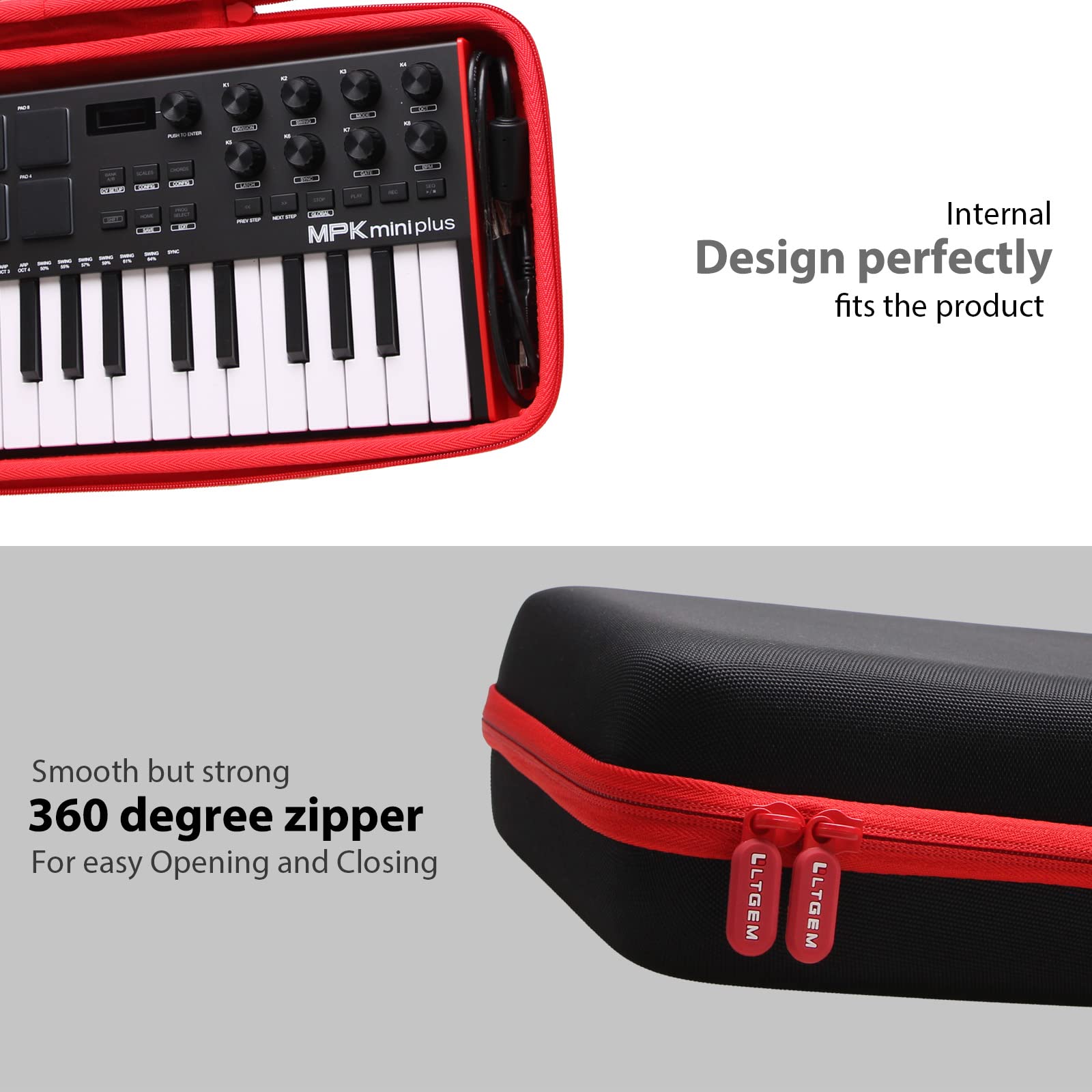 LTGEM Hard Case for Akai Professional MPK Mini Plus – USB MIDI Keyboard Controller – Travel Protective Carrying Storage Bag (Black+Red)