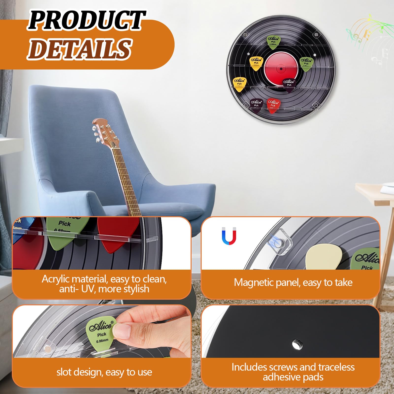 Fiwochic 20 Slots Guitar Pick Wall Mount Display Case 9.5″ Dia Acrylic Guitar Picks Storage Holder Box Black Music Accessories Gifts for Musician Lover Player Room Desktop Decor No Picks