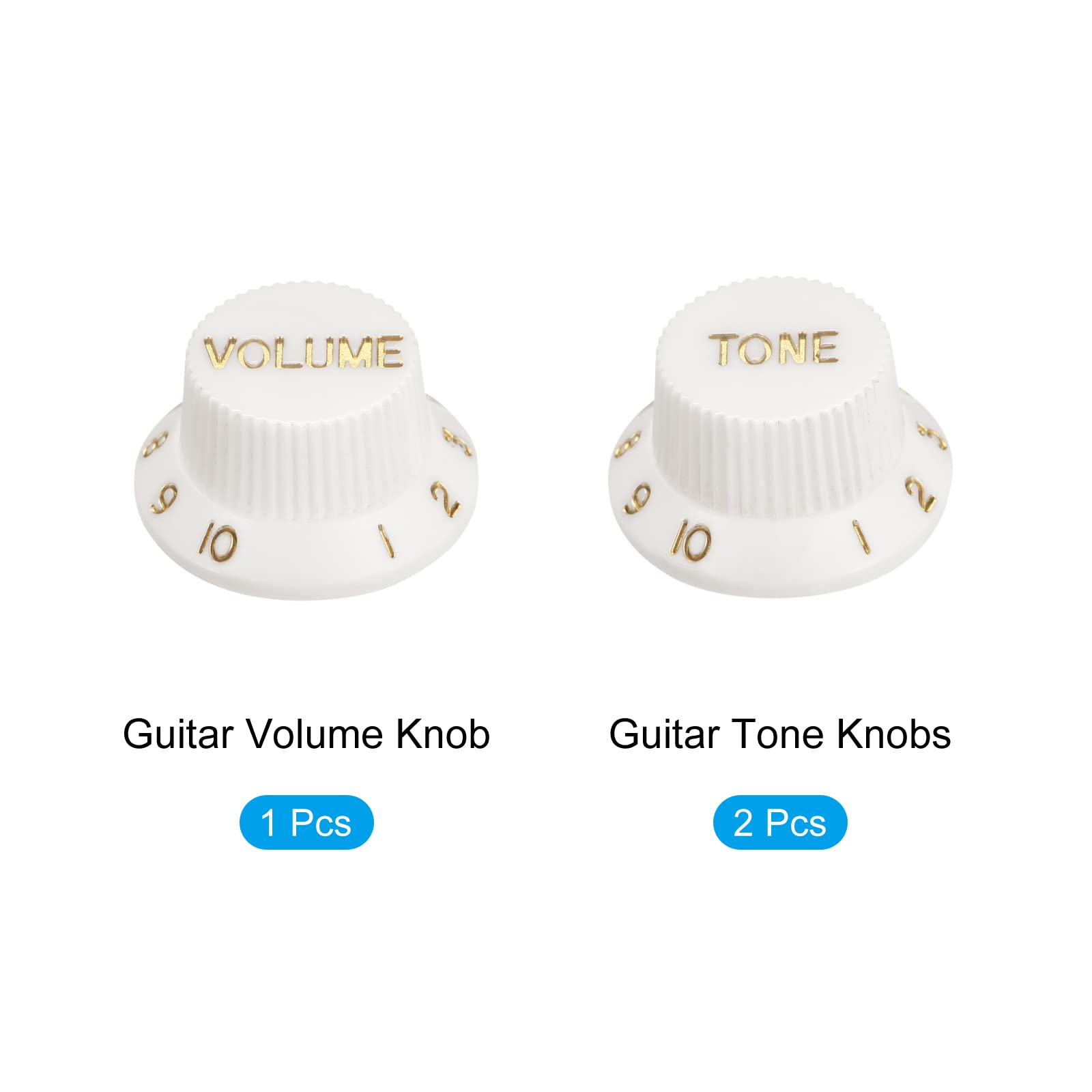 MECCANIXITY Speed Control Knobs 6mm ID 1 Volume 2 Tone Top Hat Guitar Bell Knobs for ST/SQ Electric Guitar Plastic White with Gold Characters