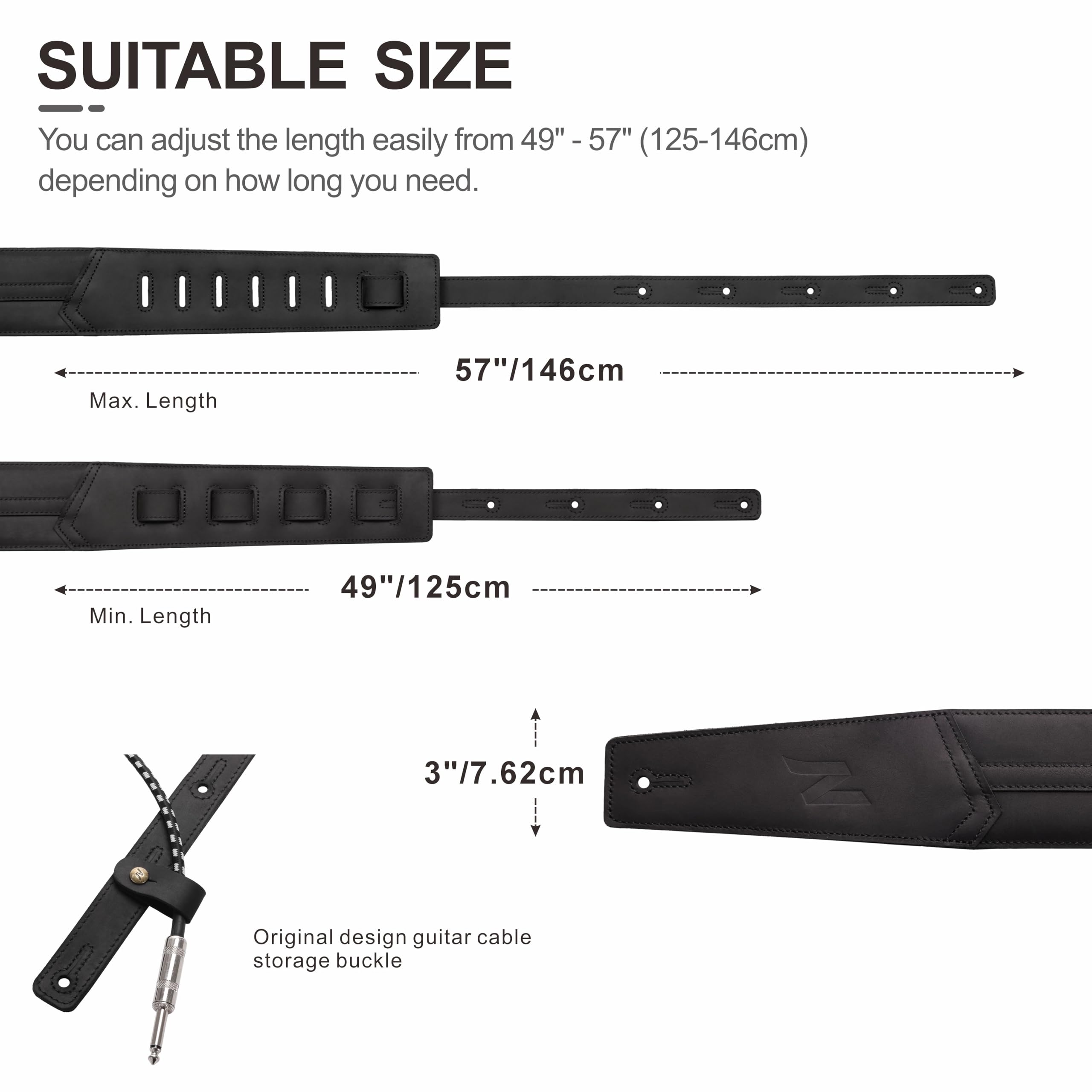 Nefelibata 3″ Guitar Strap, Full Grain Leather, 57″ Long with Foam Padding, for Bass, Electric and Acoustic Guitars(Charcoal Black)