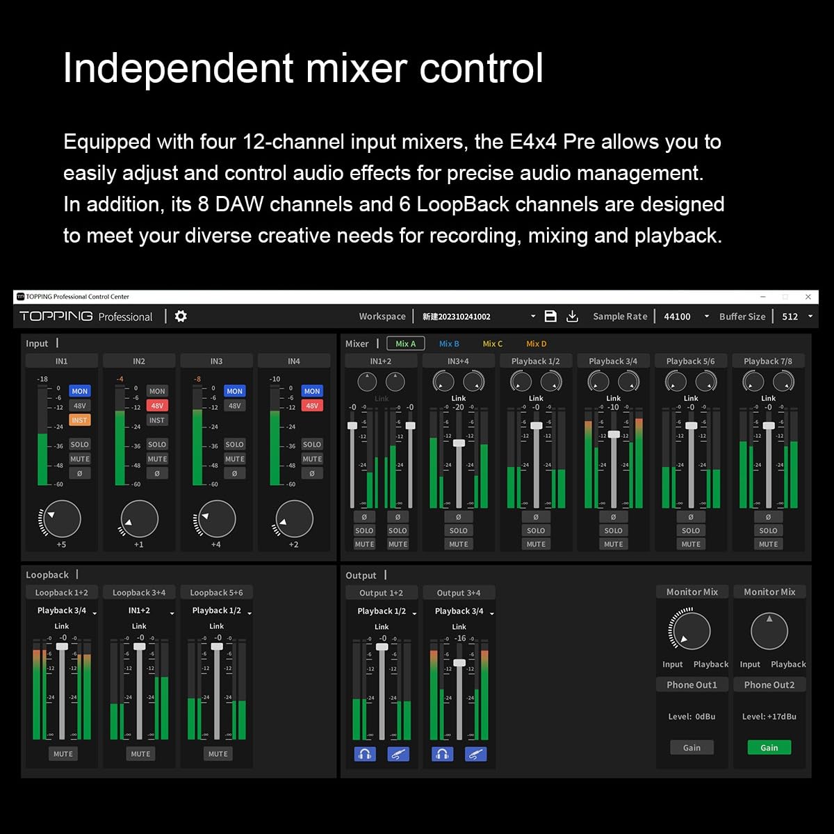 TOPPING E4X4 Pre USB Audio Interface – Dual USB-C Ports, 24bit/192kHz, 4IN/4OUT, Dual Headphone Outputs, Low Noise, Real-Time Monitoring, Mixer, for PC, Mac, iPhone, Professional Recording(Black)