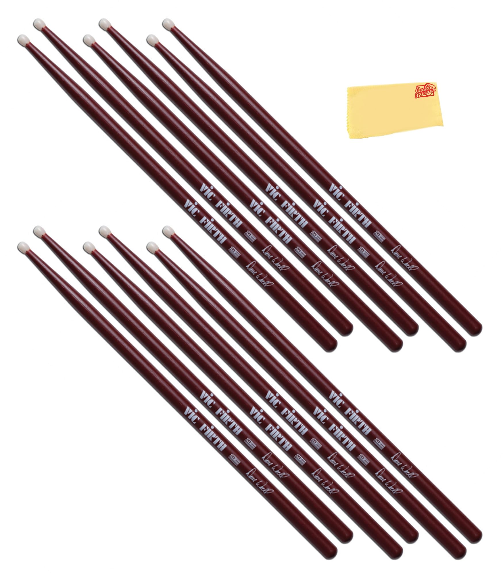 Vic Firth Signature Series Dave Weckl Nylon Tip Drumsticks – 6‑Pack Bundle with Austin Bazaar Polishing Cloth
