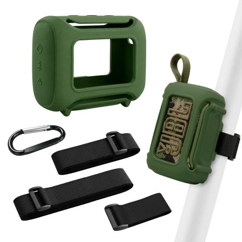 (5 in 1) Orzero Silicone Cover Compatible for JBL Go 5 Bluetooth Speaker, Built-in Charging Port Dust Plug, 22cm/50cm/80cm Straps & Carabiner for Golf Carts – Olive Green