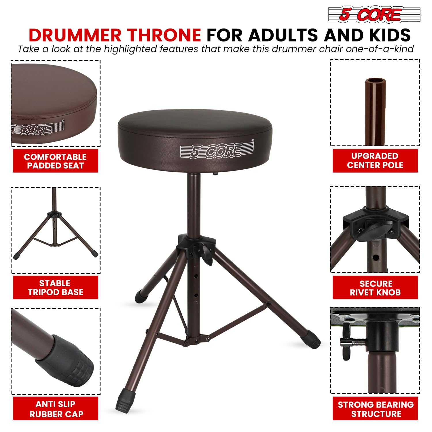 5 CORE Drum Throne Thick 3 Inch Padded Drum Seat Height Adjustable Drumming Stools with Anti-Slip Feet Musician Chair for Adults and Kids Drummers Brown – DS 01 BR