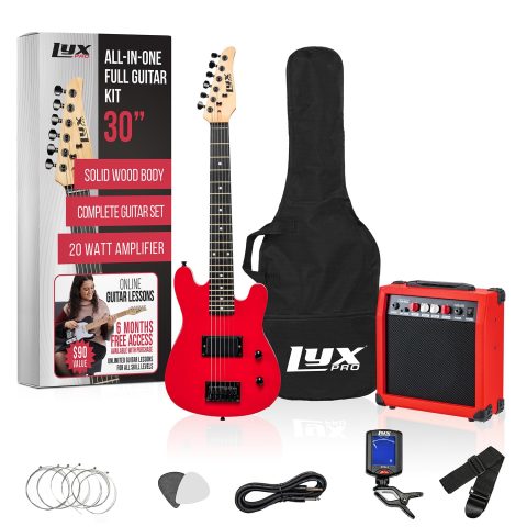 LyxPro 30 Inch Electric Guitar and Starter Kit for Kids with 3/4 Size Beginner’s Guitar, Amp, Six Strings, Two Picks, Shoulder Strap, Digital Clip On Tuner, Guitar Cable and Soft Case Gig Bag – Red