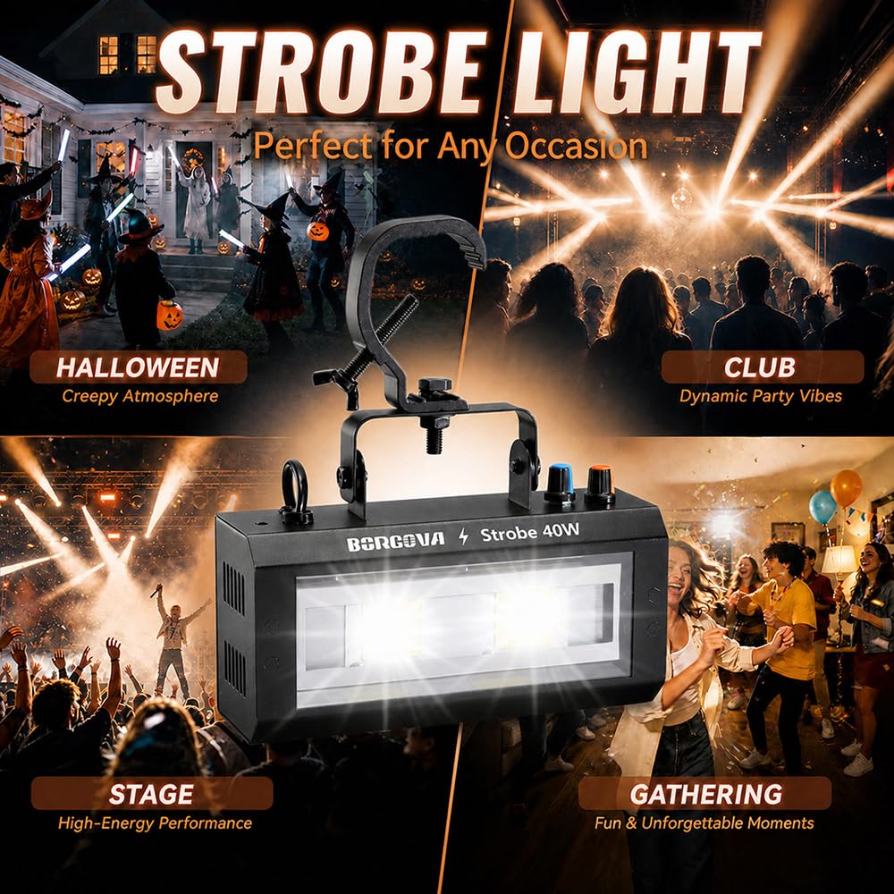 BORGOVA 40W LED Strobe Light, Portable White LED Stage Flashing Light
