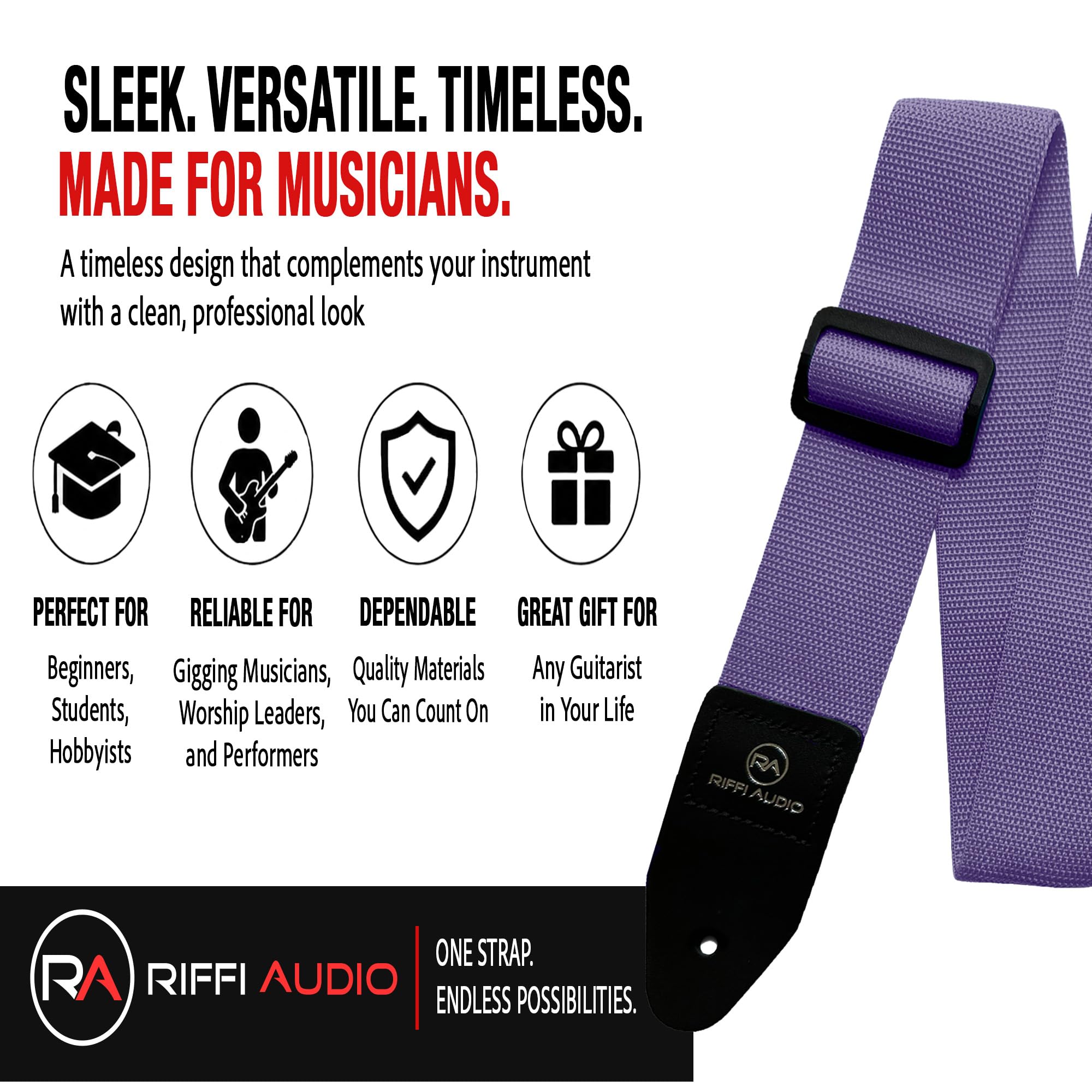 Riffi Audio Lite 1.0 Adjustable 2″ Wide Guitar Strap With Pick & Locks For Acoustic, Electric, And Bass Guitars (Light Purple)