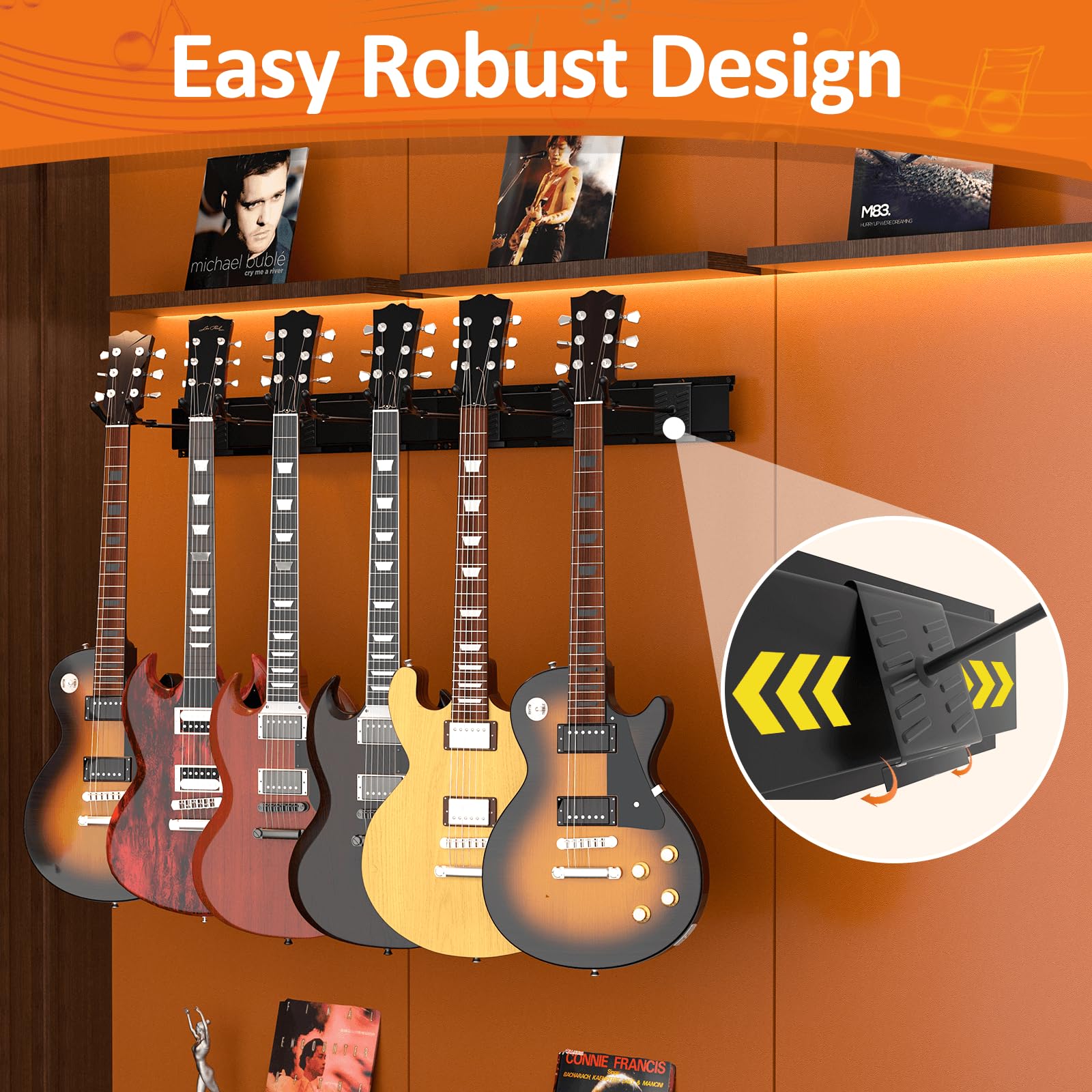 hjooytoi Guitar Wall Mount, Woodgrain Rack with 6 Adjustable Guitar Hangers, Guitar Wall Hanger with Pre-Drilled Holes, 48″ Alloy Steel Multiple Guitar Holder Stand,Black