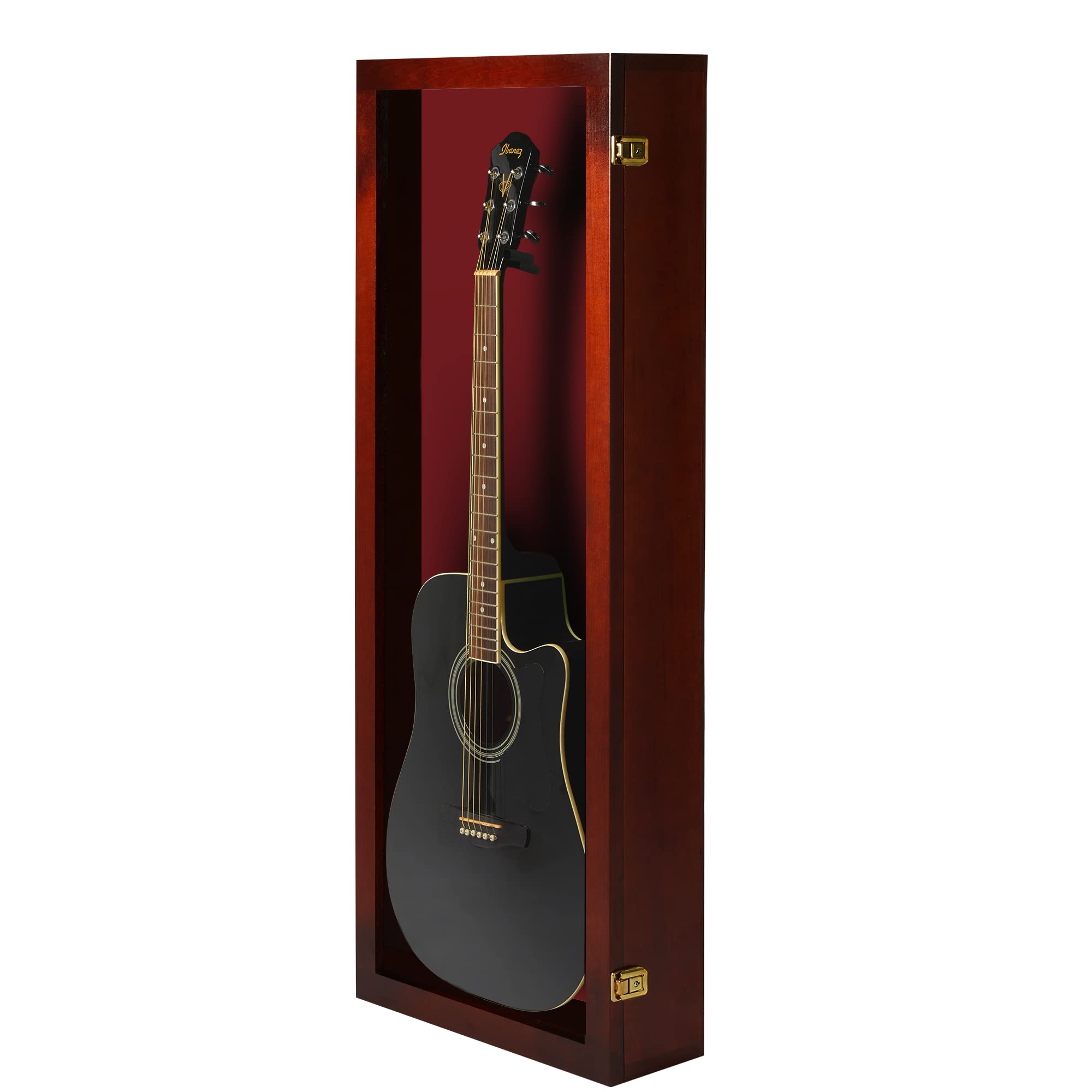 PENNZONI Acoustic Guitar Display Case – Acrylic Acoustic Guitar Case – Guitar Display Case Wall Mount Made from Hardwood Frame & Clear Acrylic – Cherry w/ Red Felt