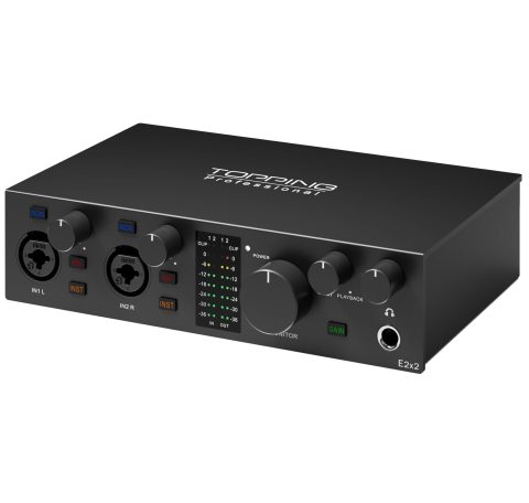TOPPING E2X2 USB Audio Interface – High-Performance Mixer & Recording Interface for PC, Mac, iPhone & Android – Ultra-Linear Preamp, 48V Phantom Power, Low Noise, Real-Time Monitoring (Black)