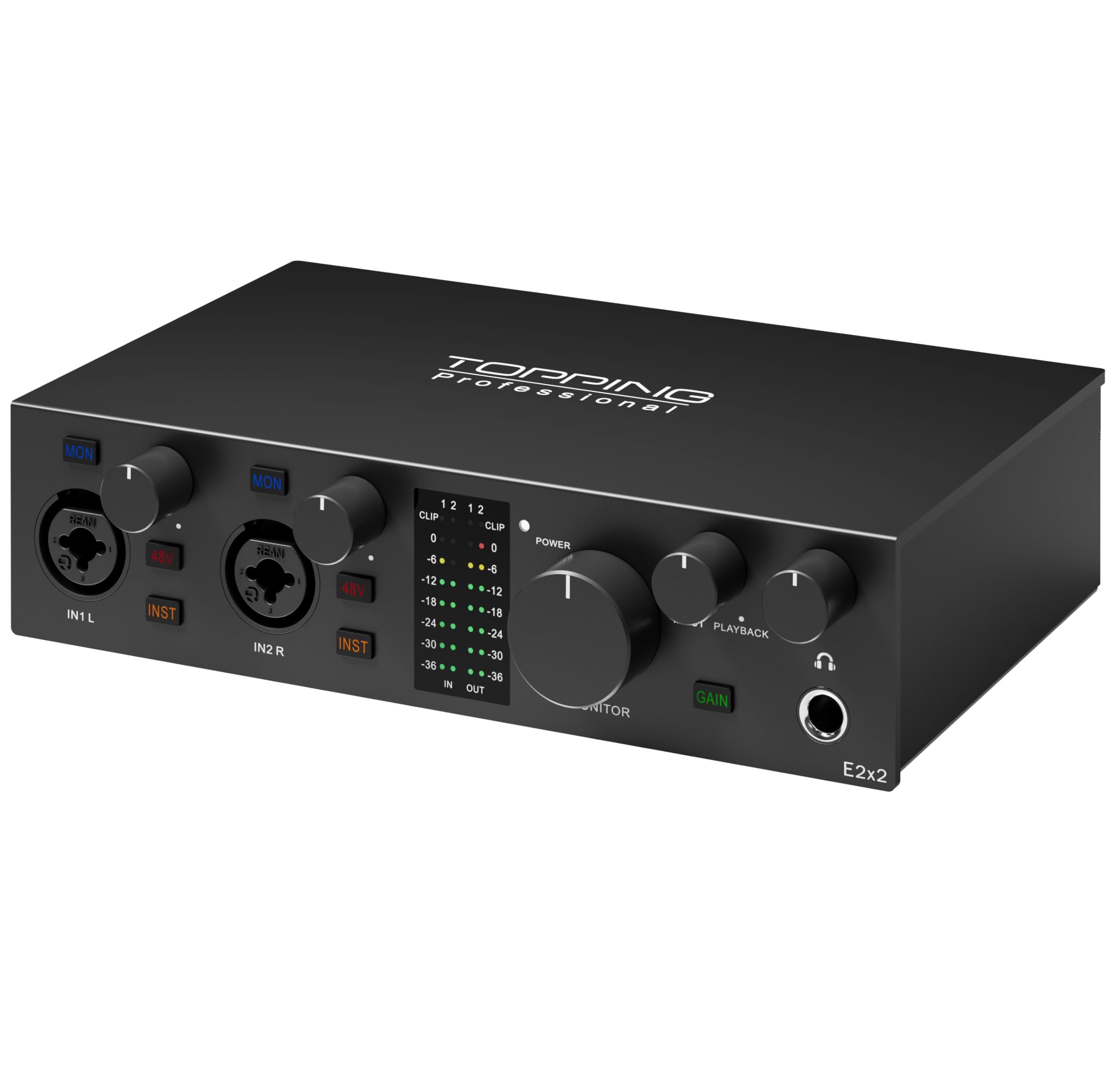 TOPPING E2X2 USB Audio Interface – High-Performance Mixer & Recording Interface for PC, Mac, iPhone & Android – Ultra-Linear Preamp, 48V Phantom Power, Low Noise, Real-Time Monitoring (Black)