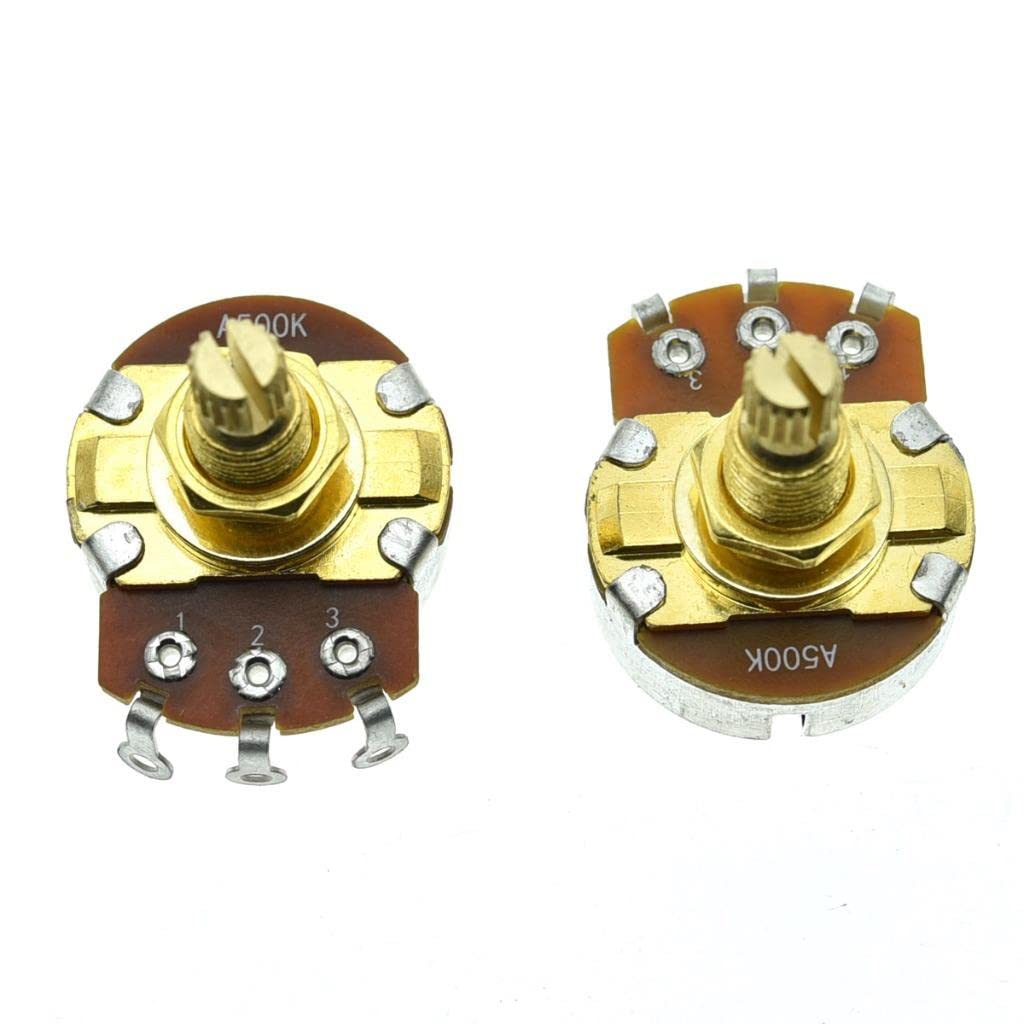 KAISH Pack of 2 Full Size Metric Guitar Bass Pots with 18mm Brass Shaft Audio Taper Potentiometers A500K