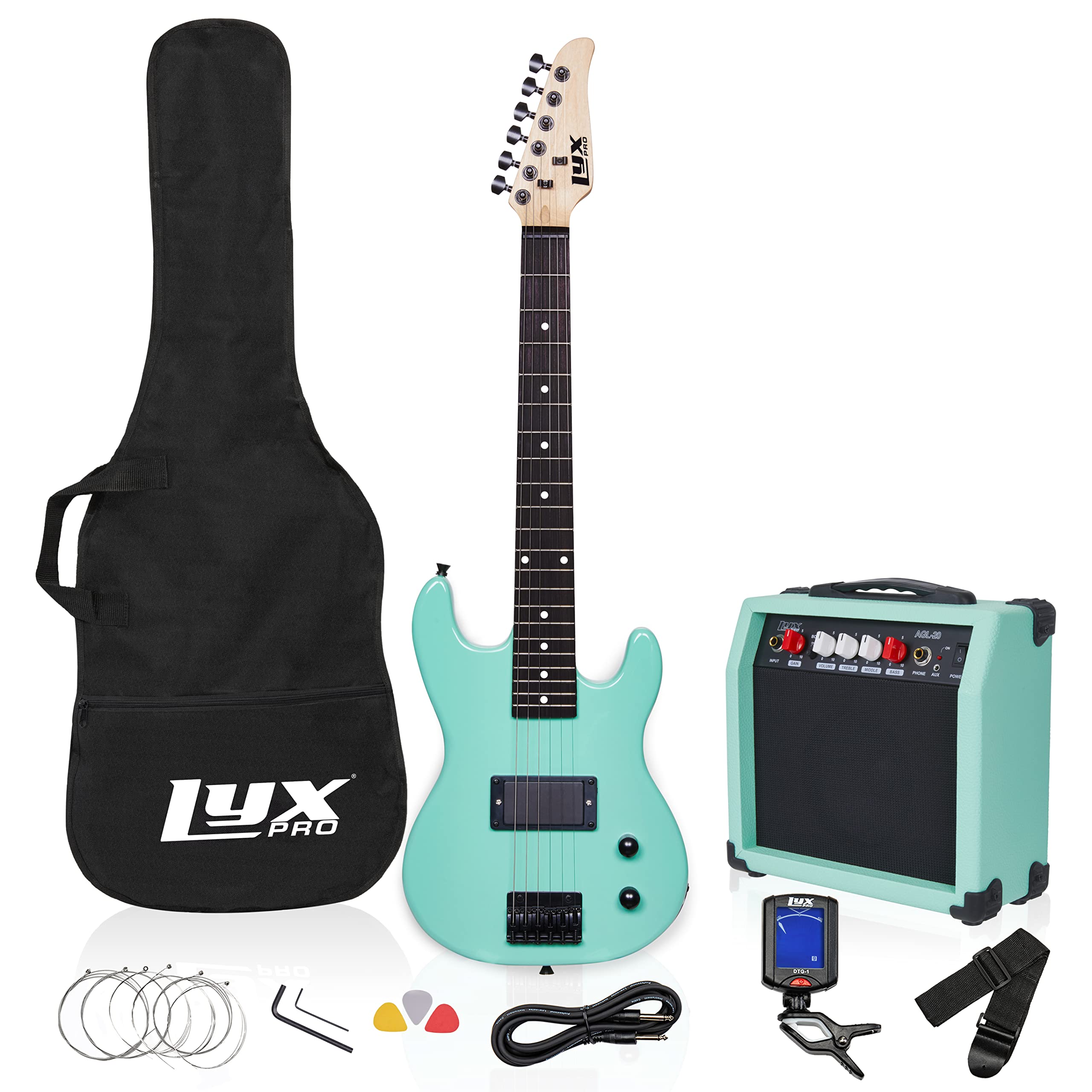 LyxPro 30 Inch Electric Guitar and Starter Kit for Kids with 3/4 Size Beginner’s Guitar, Amp, Six Strings, Two Picks, Shoulder Strap, Digital Clip On Tuner, Guitar Cable and Soft Case Gig Bag – Green