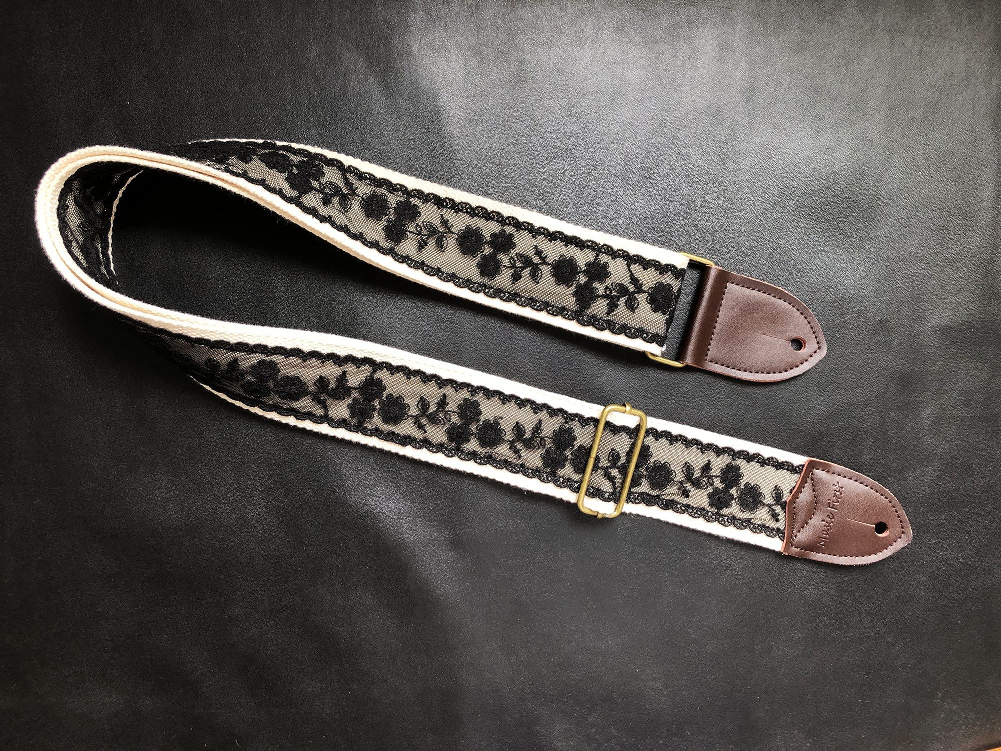 MUSIC FIRST Original Design, 2 inch width (5cm), Black Cool & Vintage Black Lace Soft Lace & Genuine Leather Delux Electric Guitar Strap Bass Strap (Black Lace)